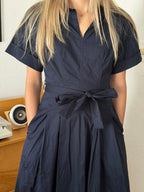 PINCH Lizbeth Cotton Drop Waist Belted Midi Dress (Navy)