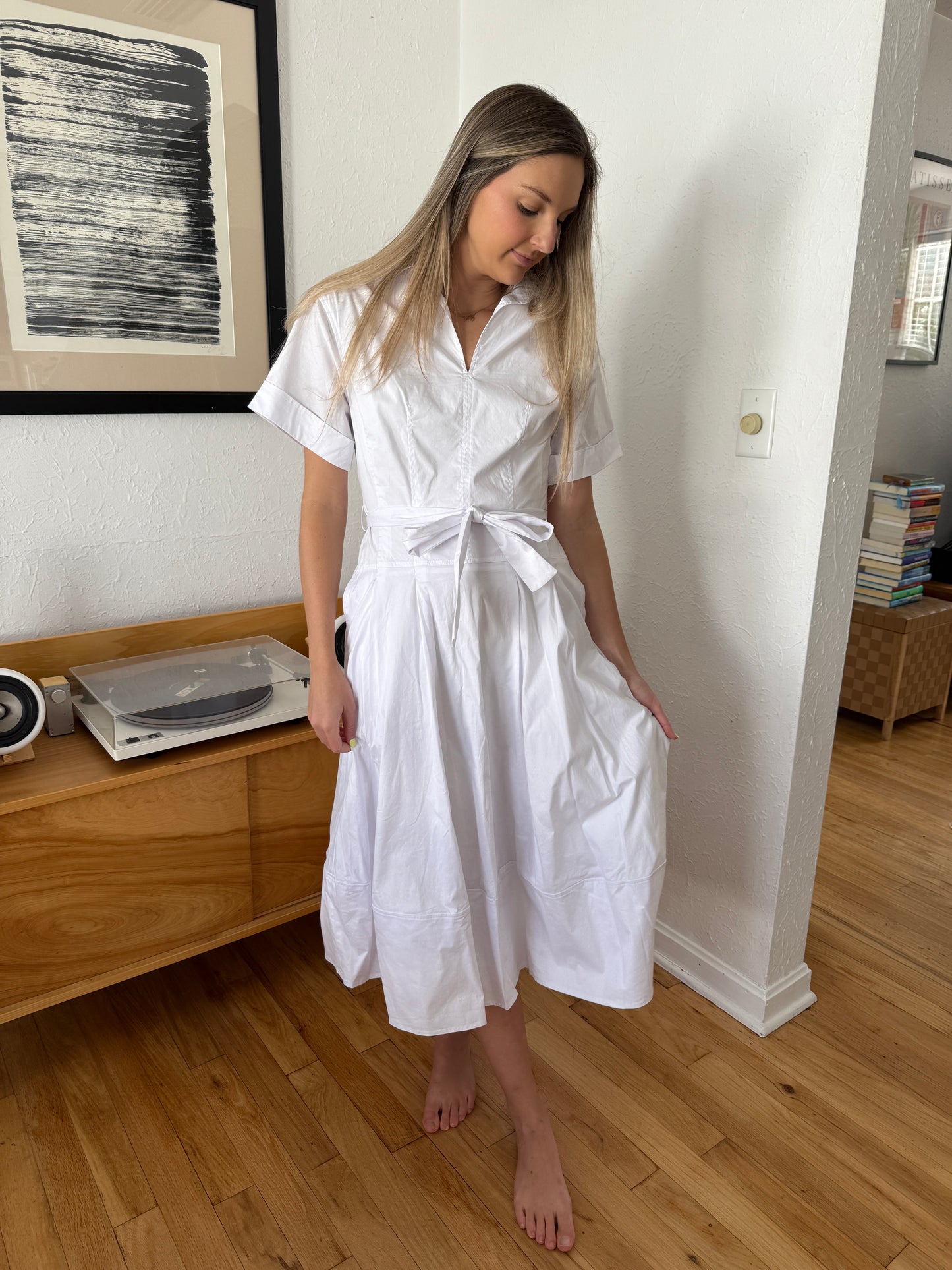 PINCH Lizbeth Cotton Drop Waist Belted Midi Dress (White)