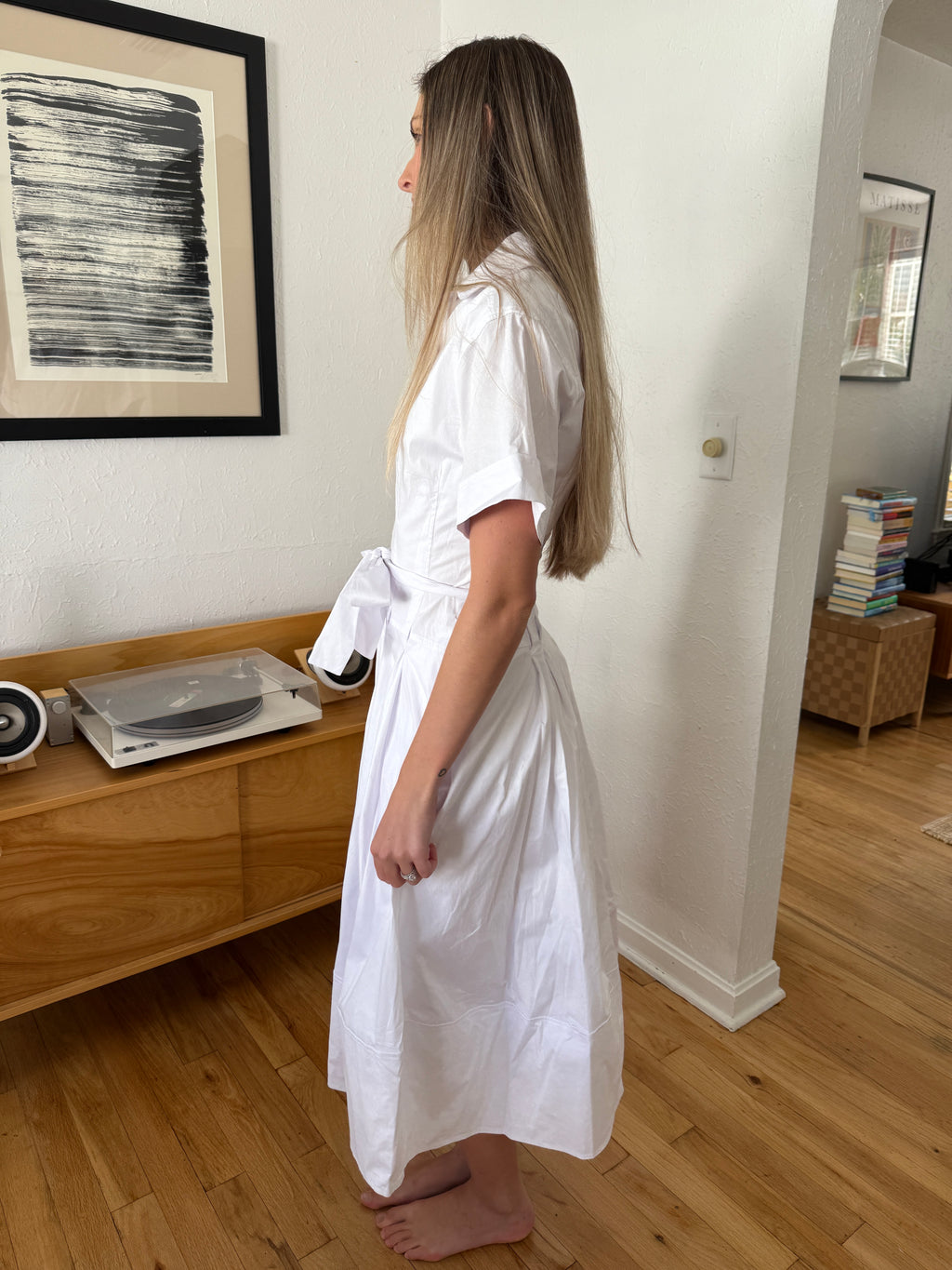 PINCH Lizbeth Cotton Drop Waist Belted Midi Dress (White)