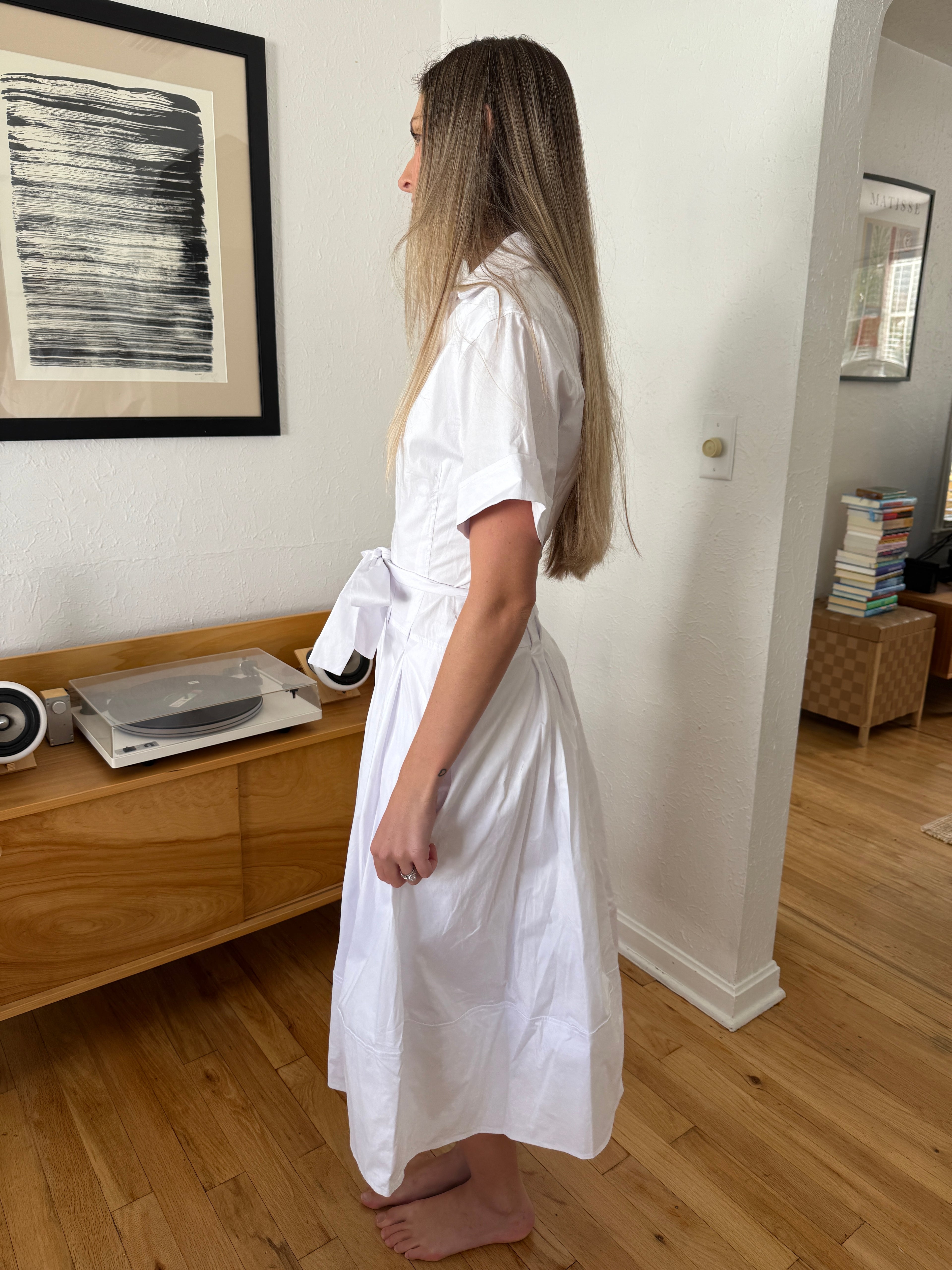 PINCH Lizbeth Cotton Drop Waist Belted Midi Dress (White)