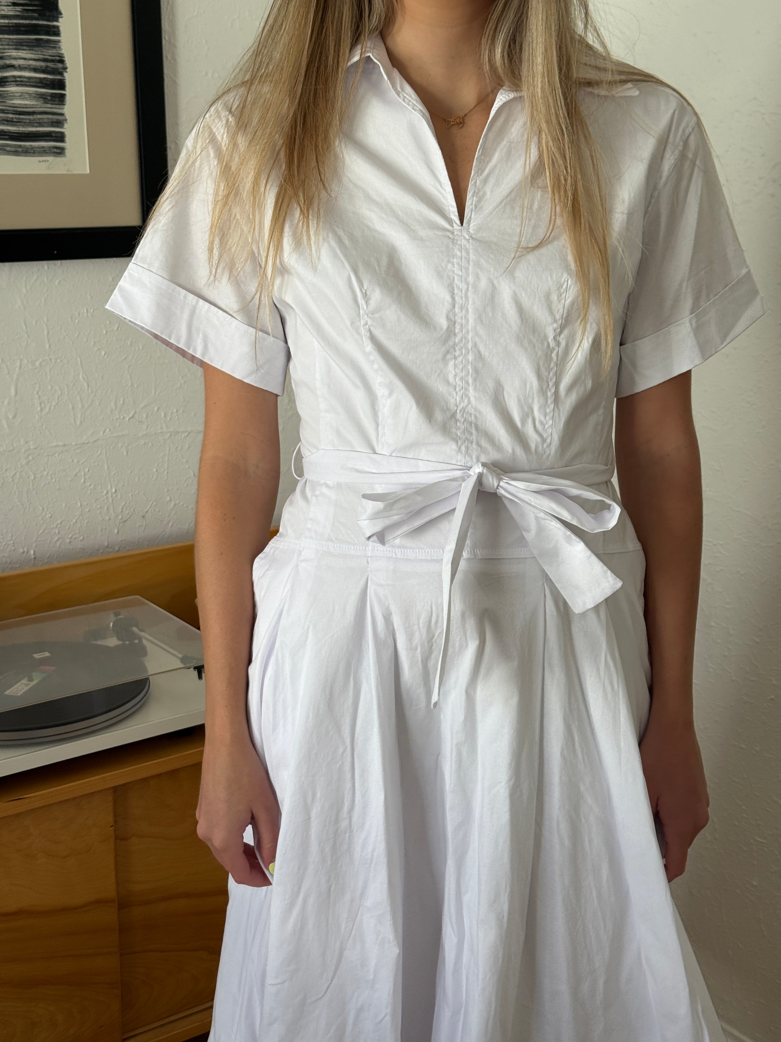 PINCH Lizbeth Cotton Drop Waist Belted Midi Dress (White)