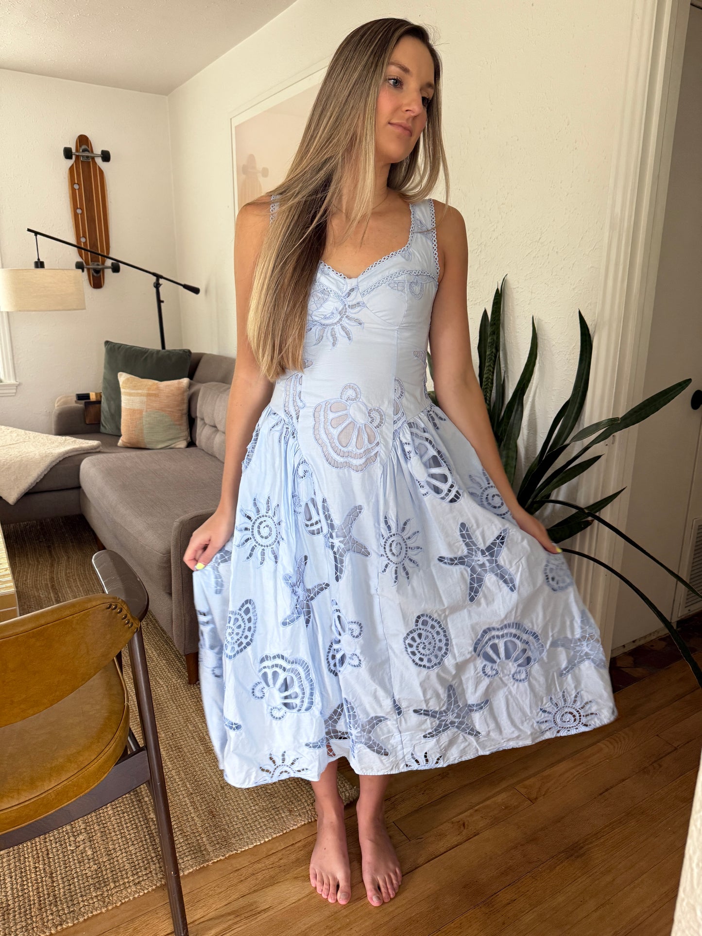 Sofie the Label Lissa Blue Eyelet Drop Waist Tank Midi Dress