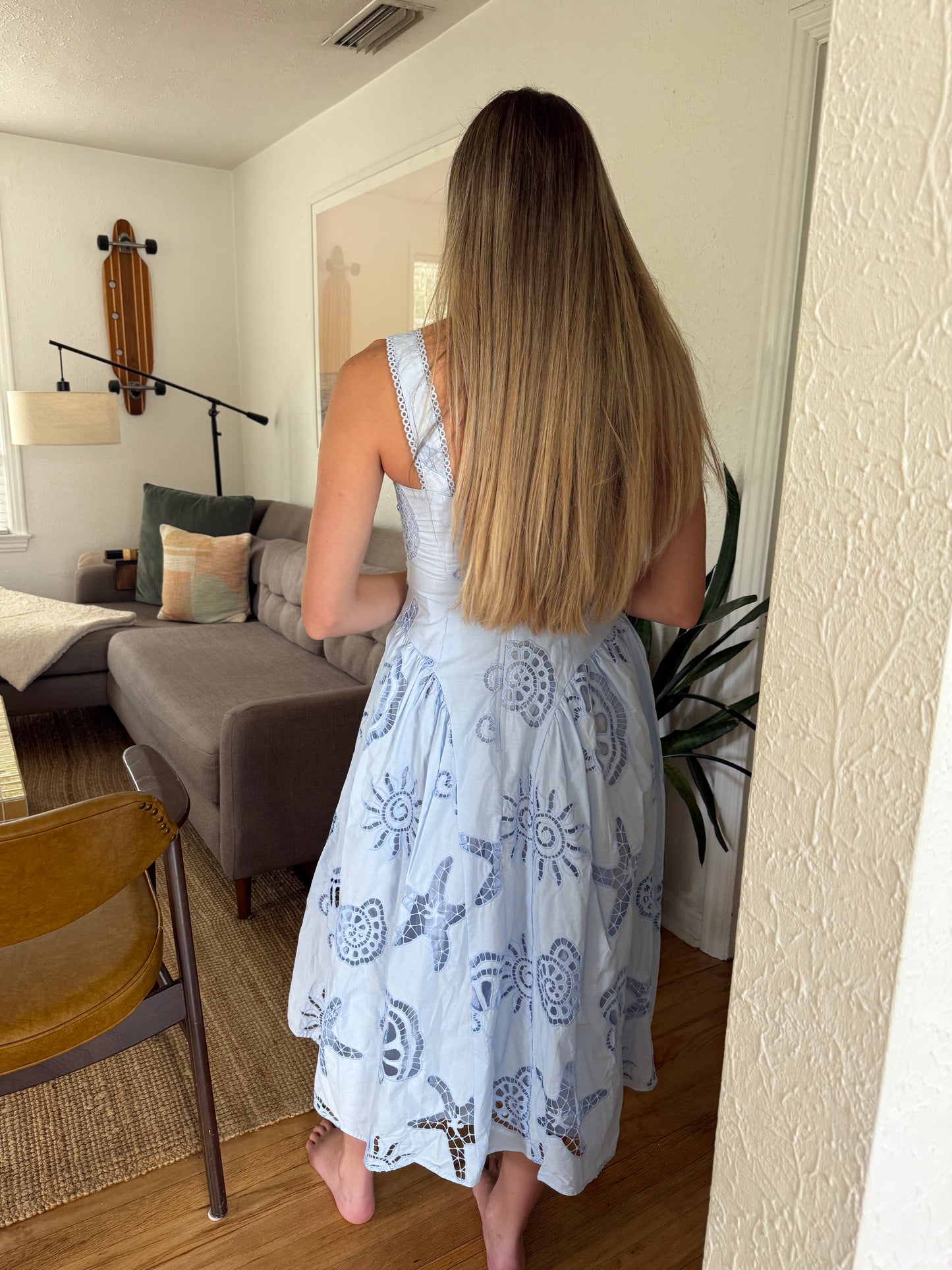 Sofie the Label Lissa Blue Eyelet Drop Waist Tank Midi Dress