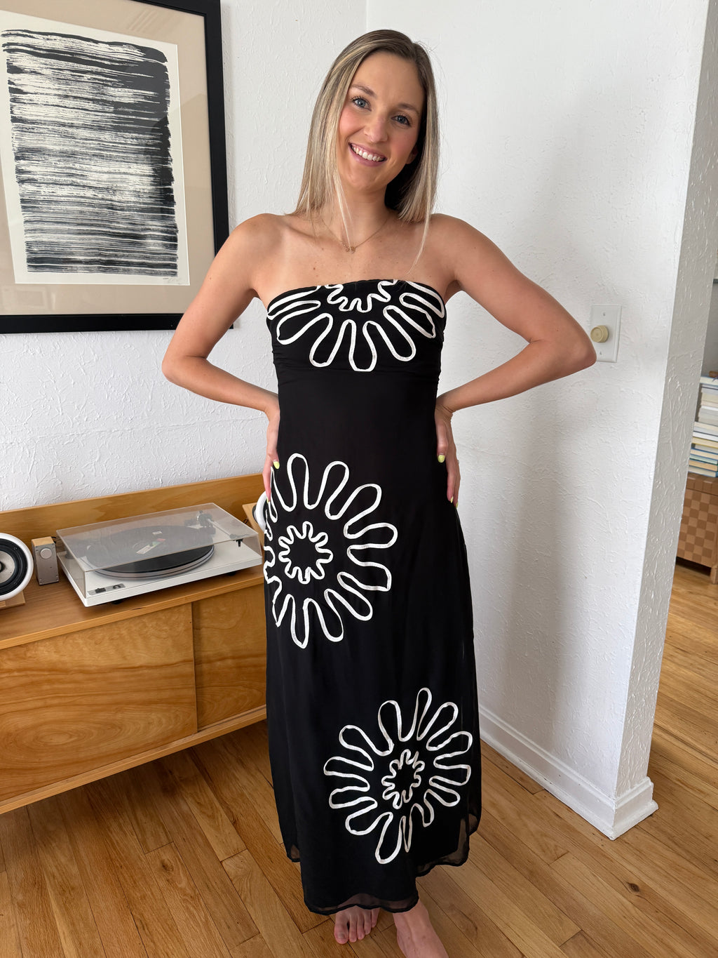 Lainey Black Strapless Graphic Mesh Midi Dress