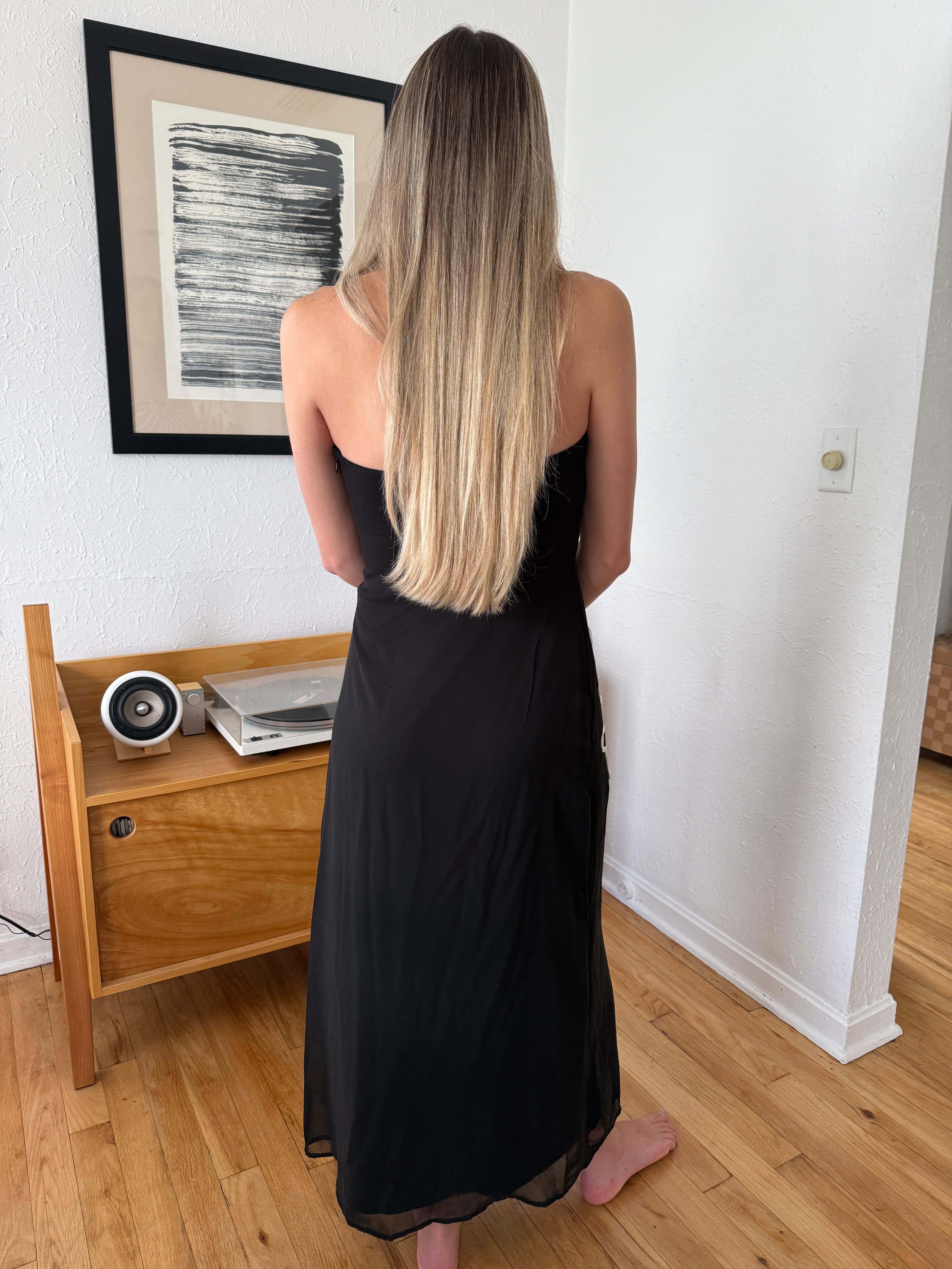 Lainey Black Strapless Graphic Mesh Midi Dress