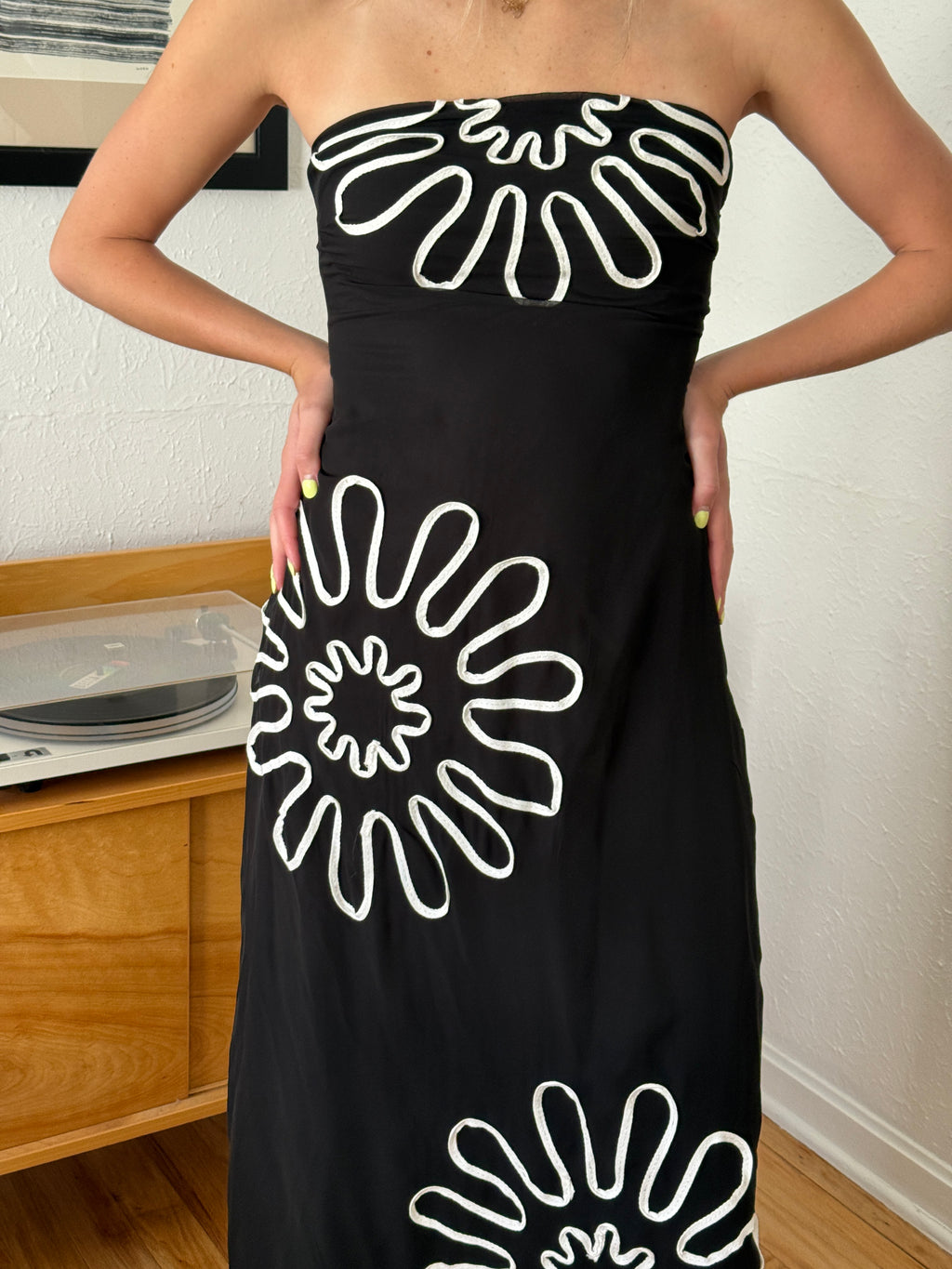 Lainey Black Strapless Graphic Mesh Midi Dress