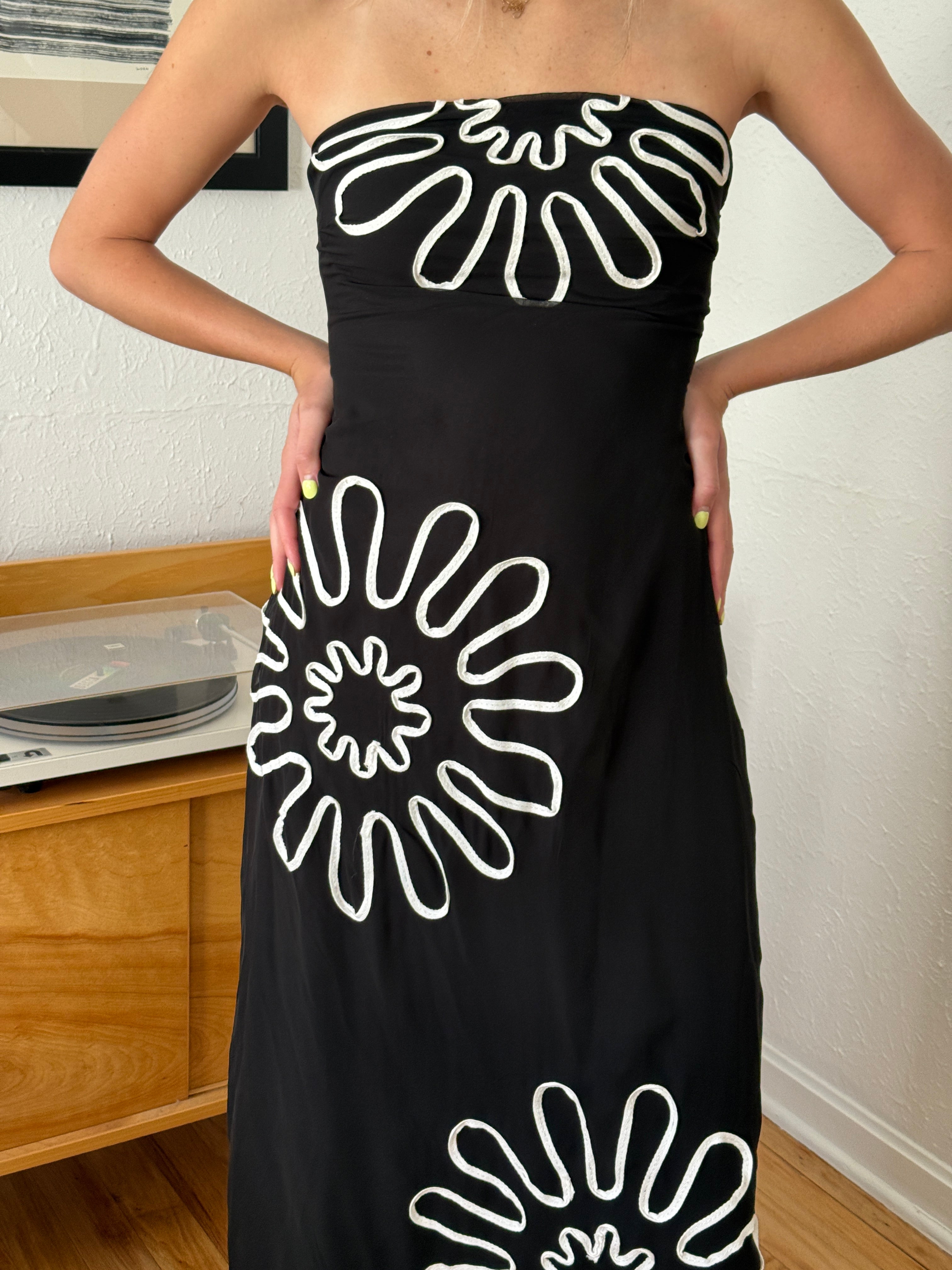 Lainey Black Strapless Graphic Mesh Midi Dress