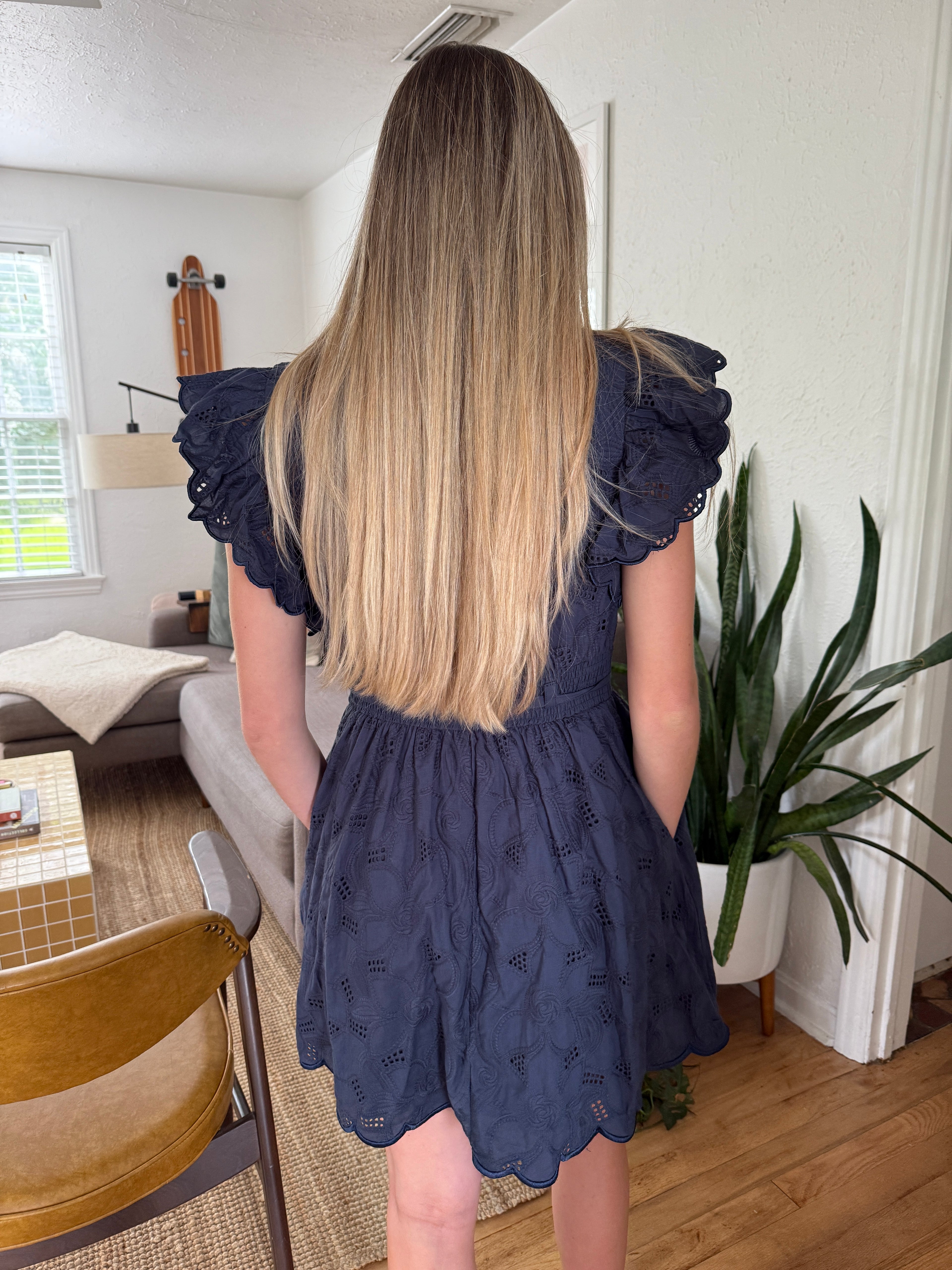 Leila Eyelet Belted Mini Dress (Navy)