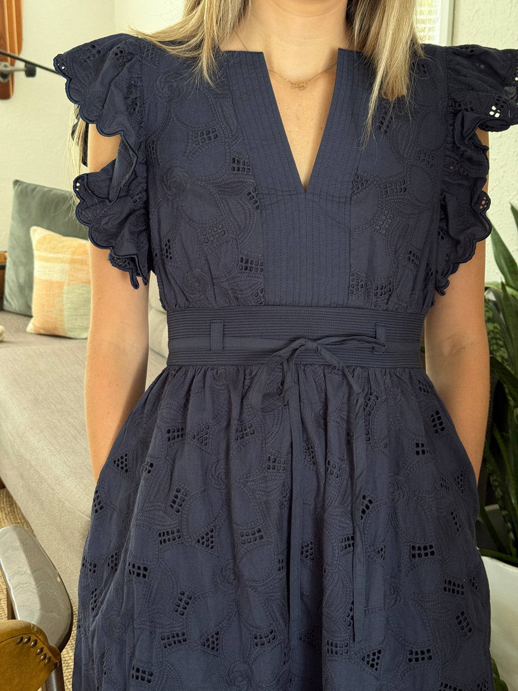 Leila Eyelet Belted Mini Dress (Navy)