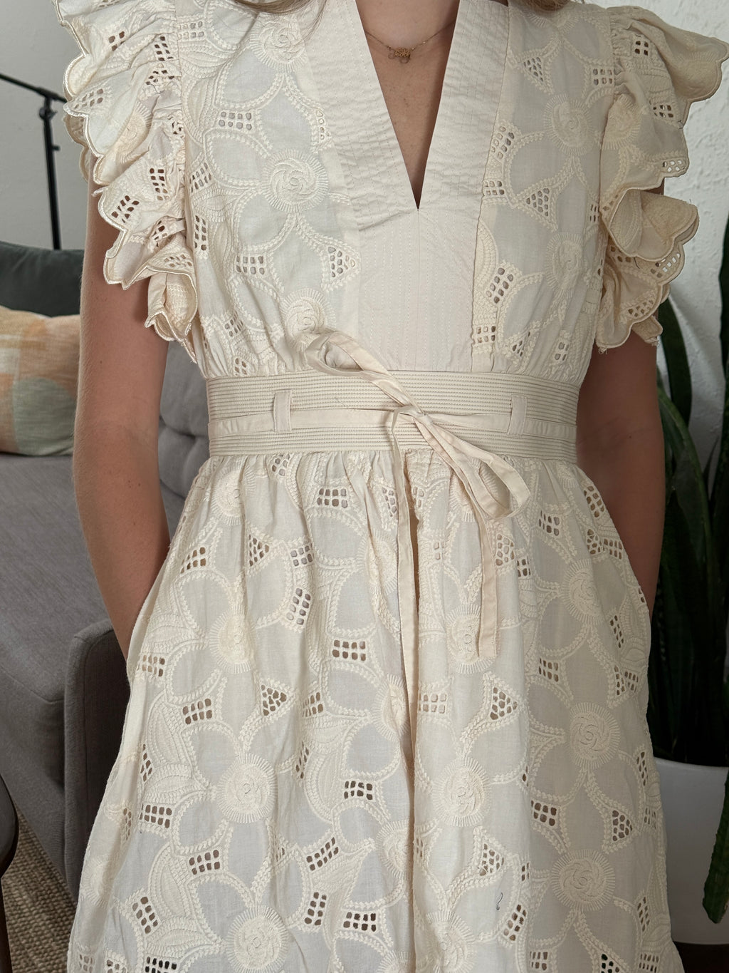 Leila Eyelet Belted Mini Dress (Cream)