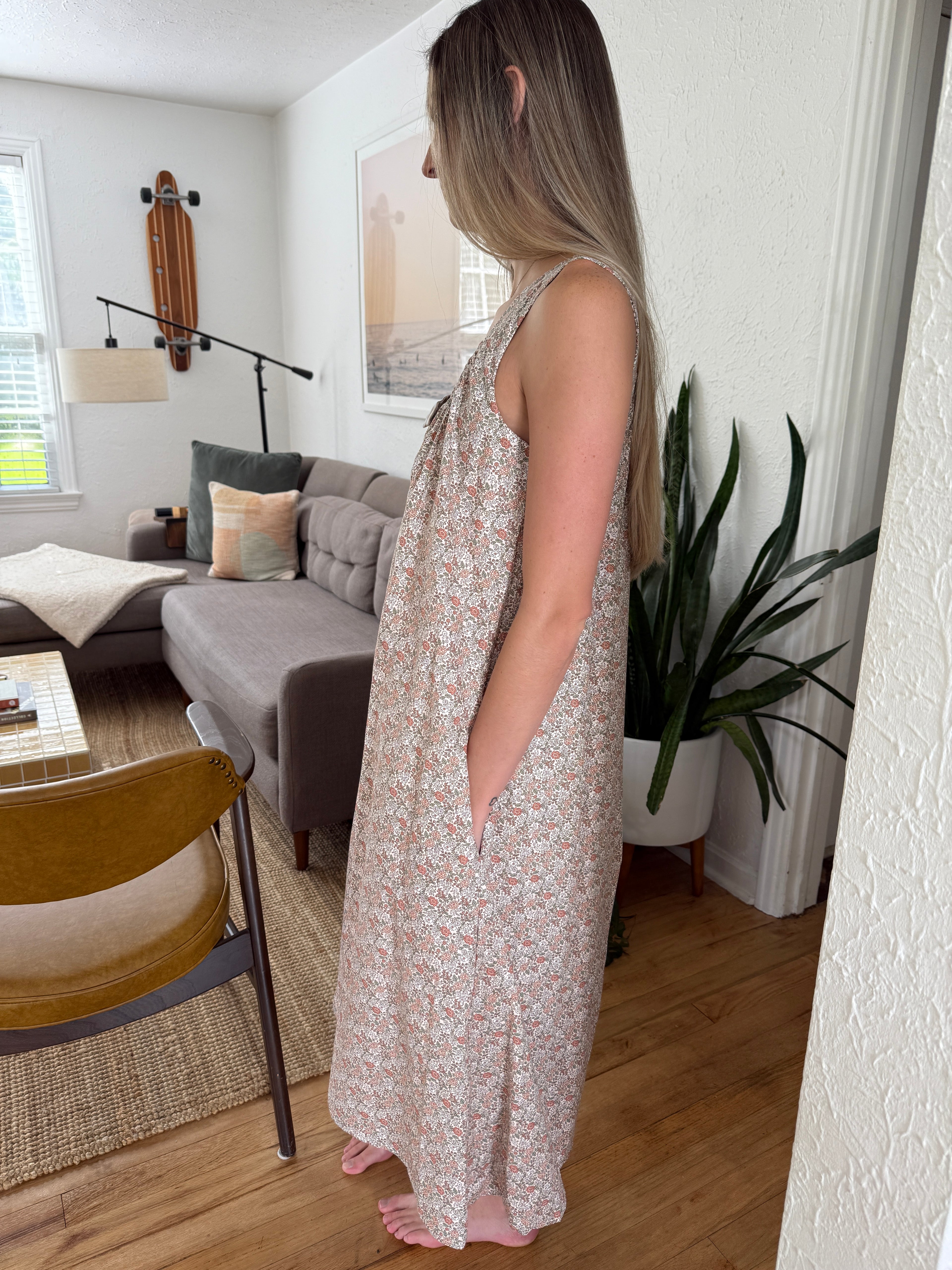 Aureum Luna Gingham Floral Print Tank Midi Dress (Pink)