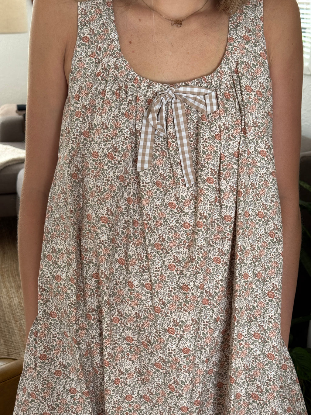 Aureum Luna Gingham Floral Print Tank Midi Dress (Pink)