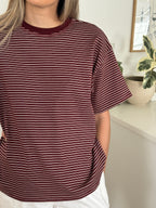 Things Between Gia Striped Oversized Cotton T-Shirt (Burgundy)