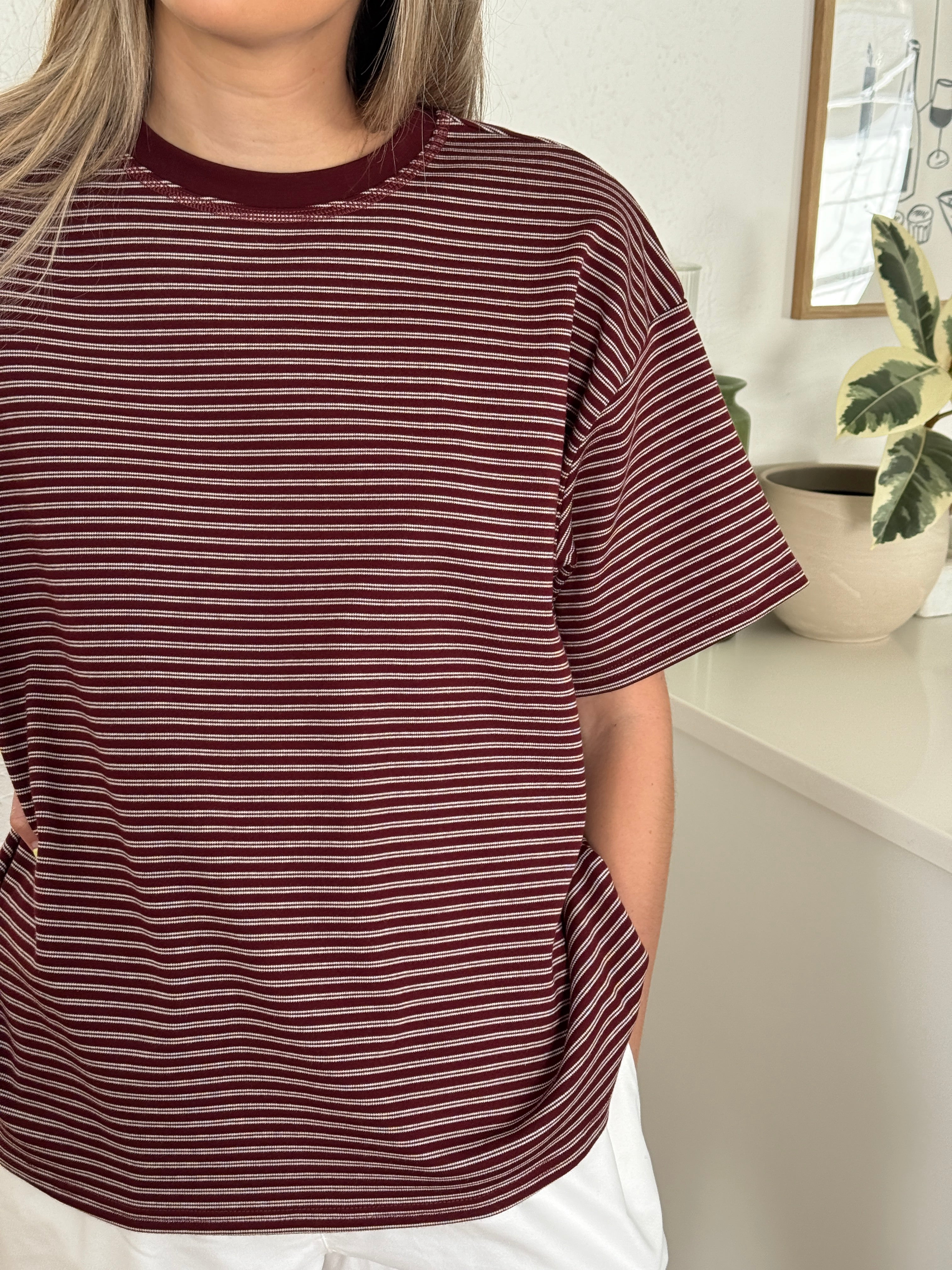 Things Between Gia Striped Oversized Cotton T-Shirt (Burgundy)