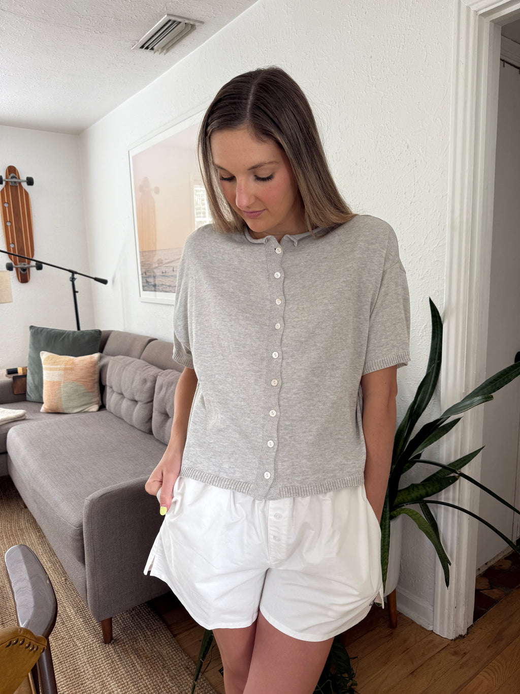 Things Between Toby Half-Sleeve Cardigan Top (Heather Grey)