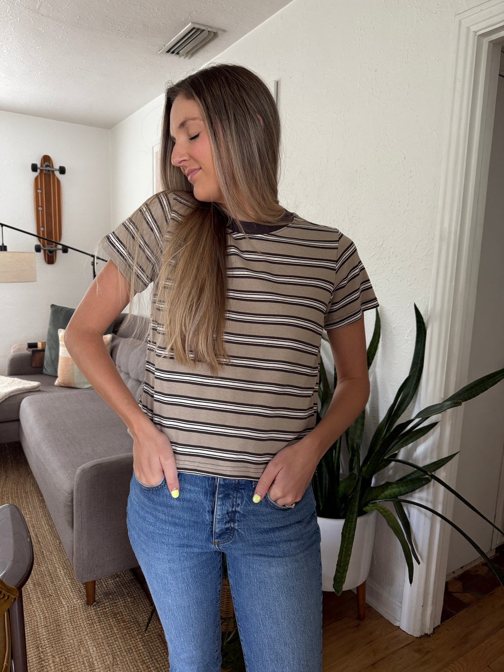 Indy Taupe Stripe Boxy Cotton T-Shirt