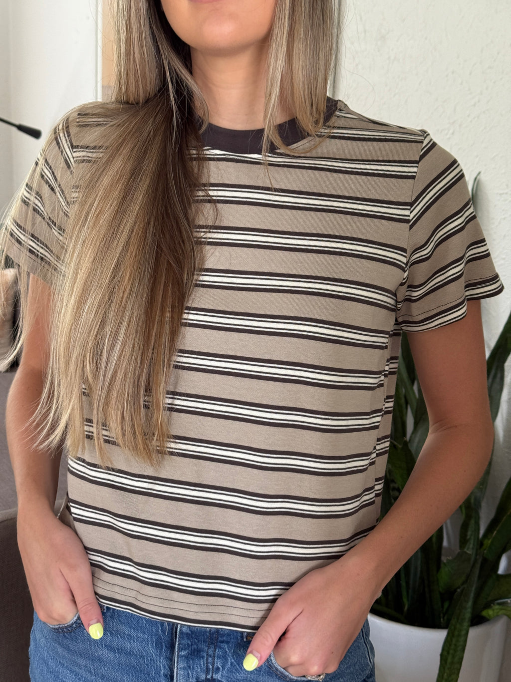 Indy Taupe Stripe Boxy Cotton T-Shirt