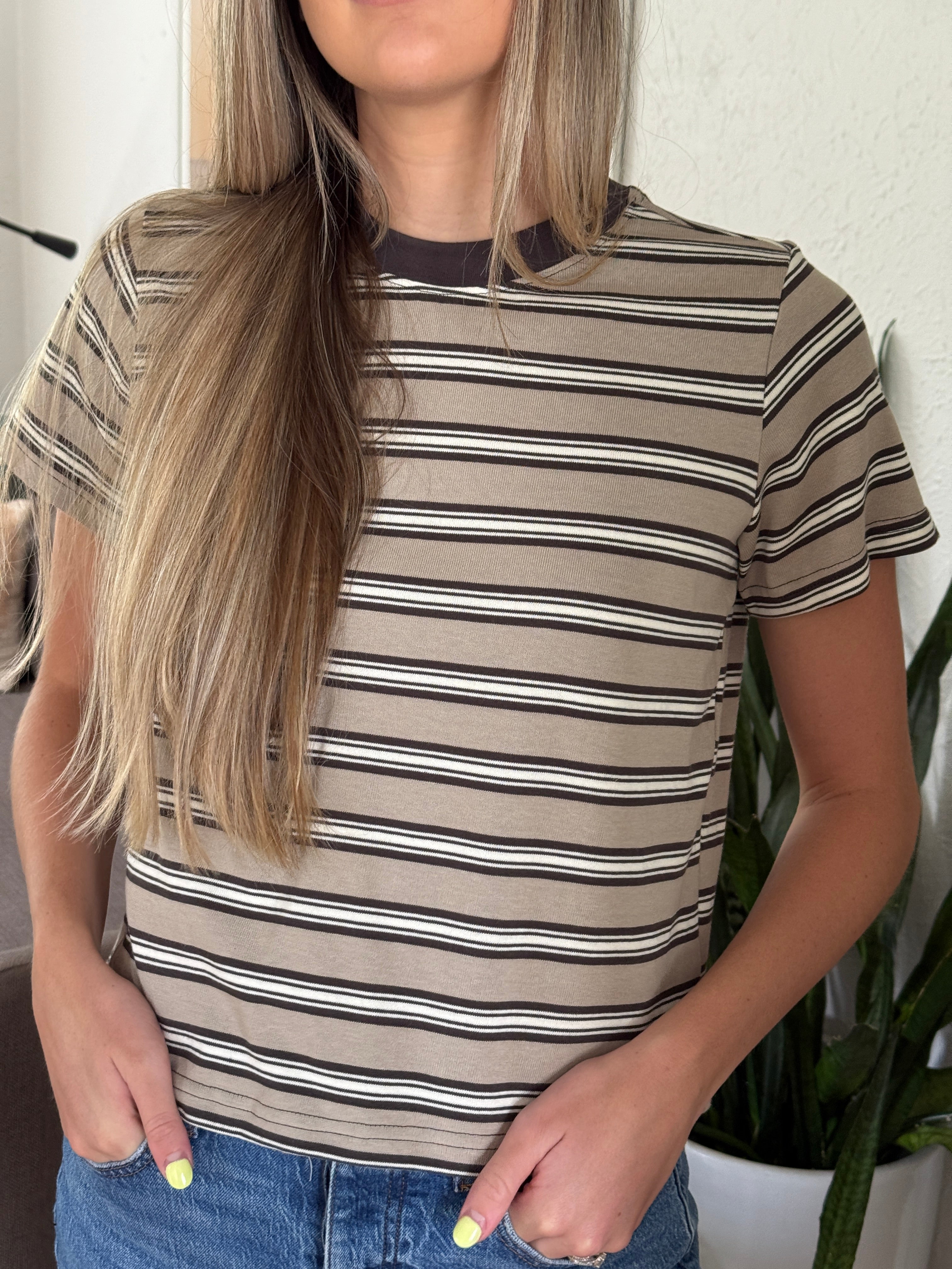 Indy Taupe Stripe Boxy Cotton T-Shirt