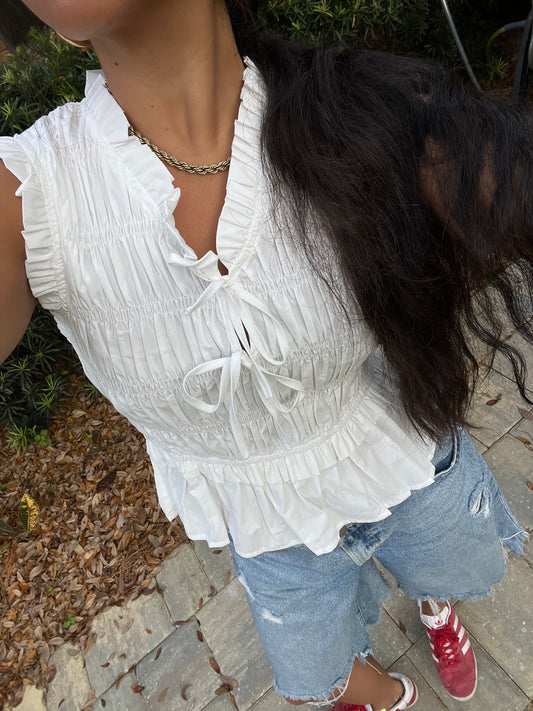 PINCH Bella White Shirred Cotton Sleeveless Top