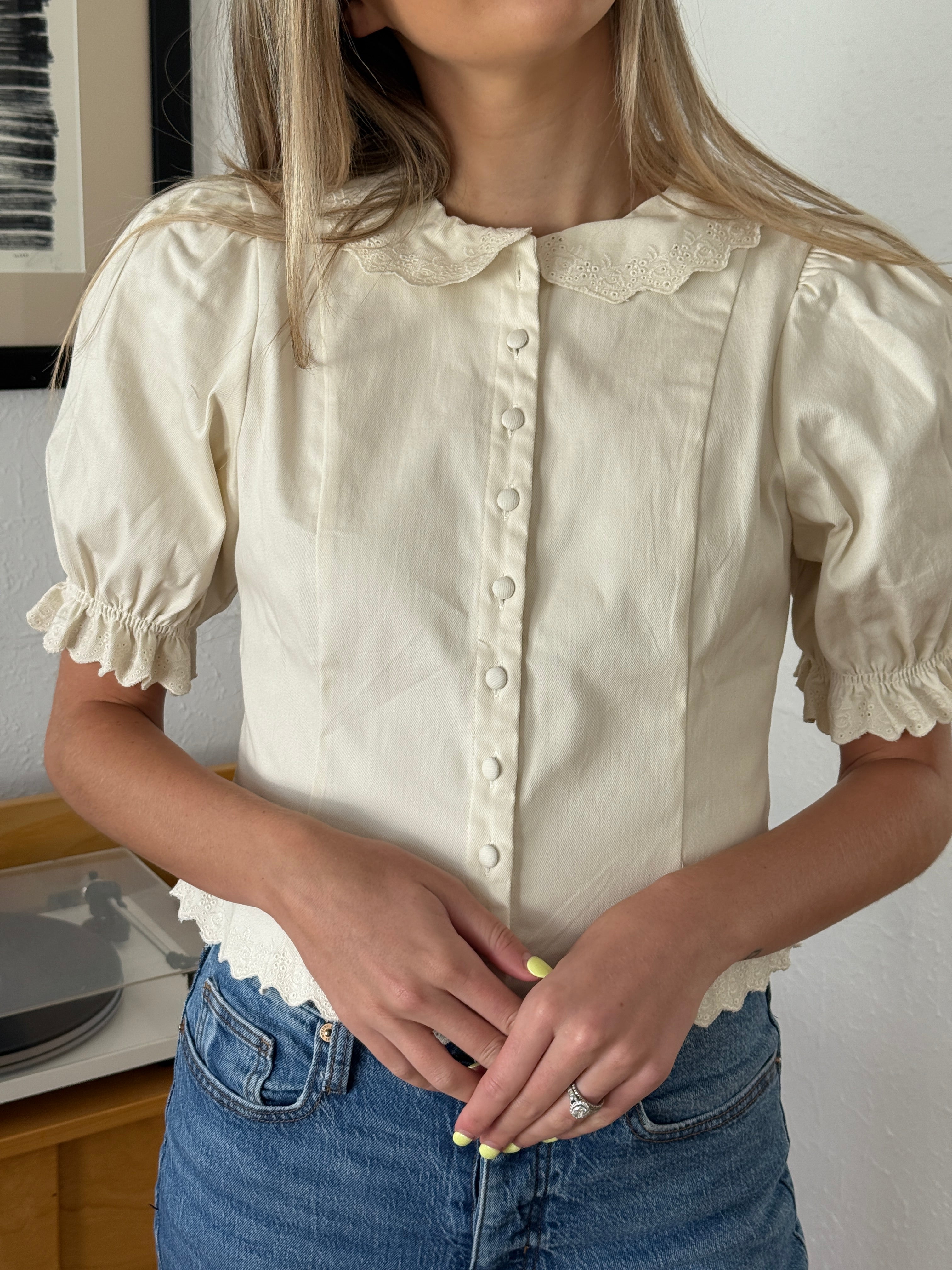 Sofie the Label Eloise Cream Eyelet Collared Puff Sleeve Top