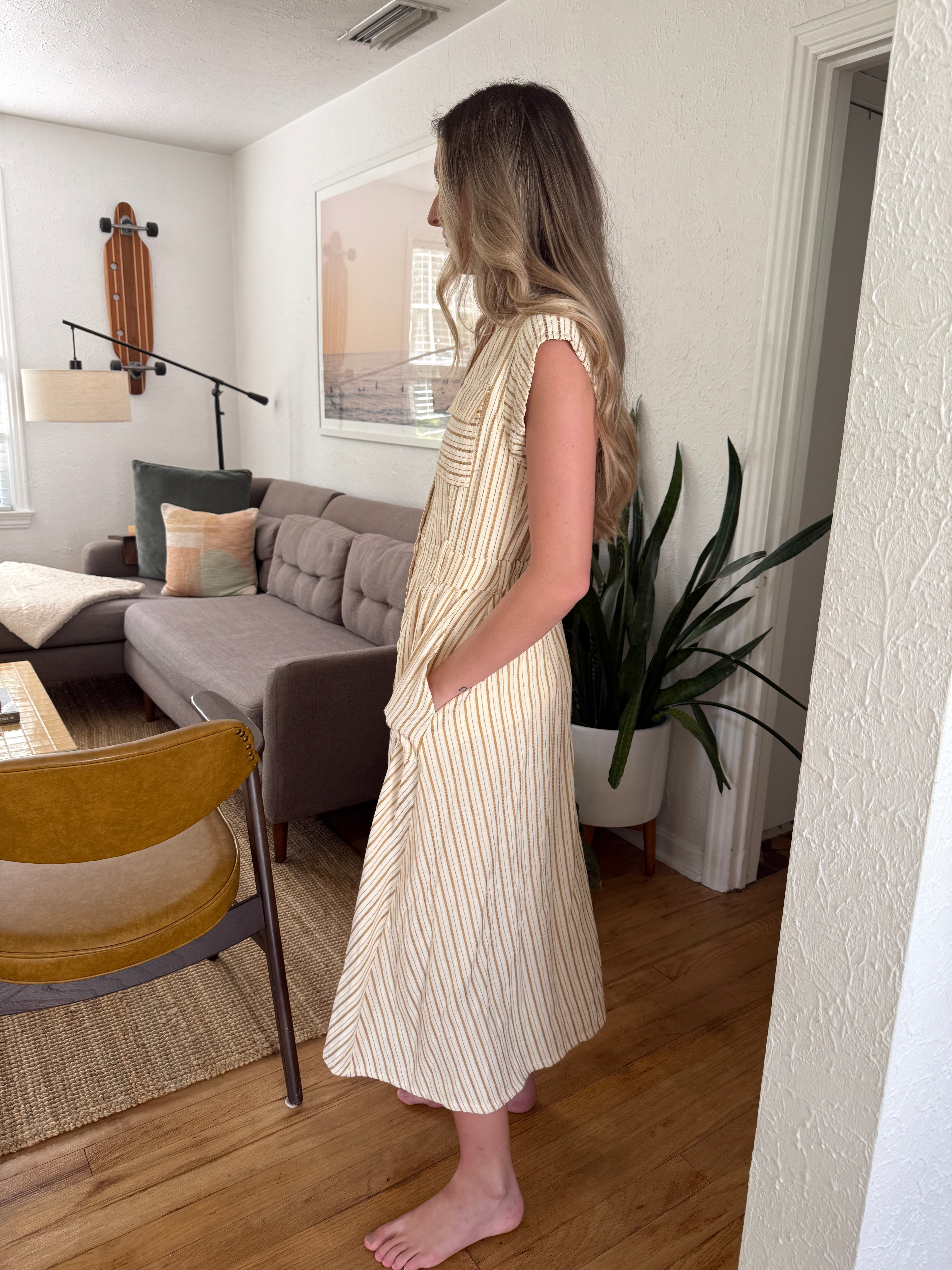 Morgan Beige Stripe Stitch Detail Buttoned Midi Dress