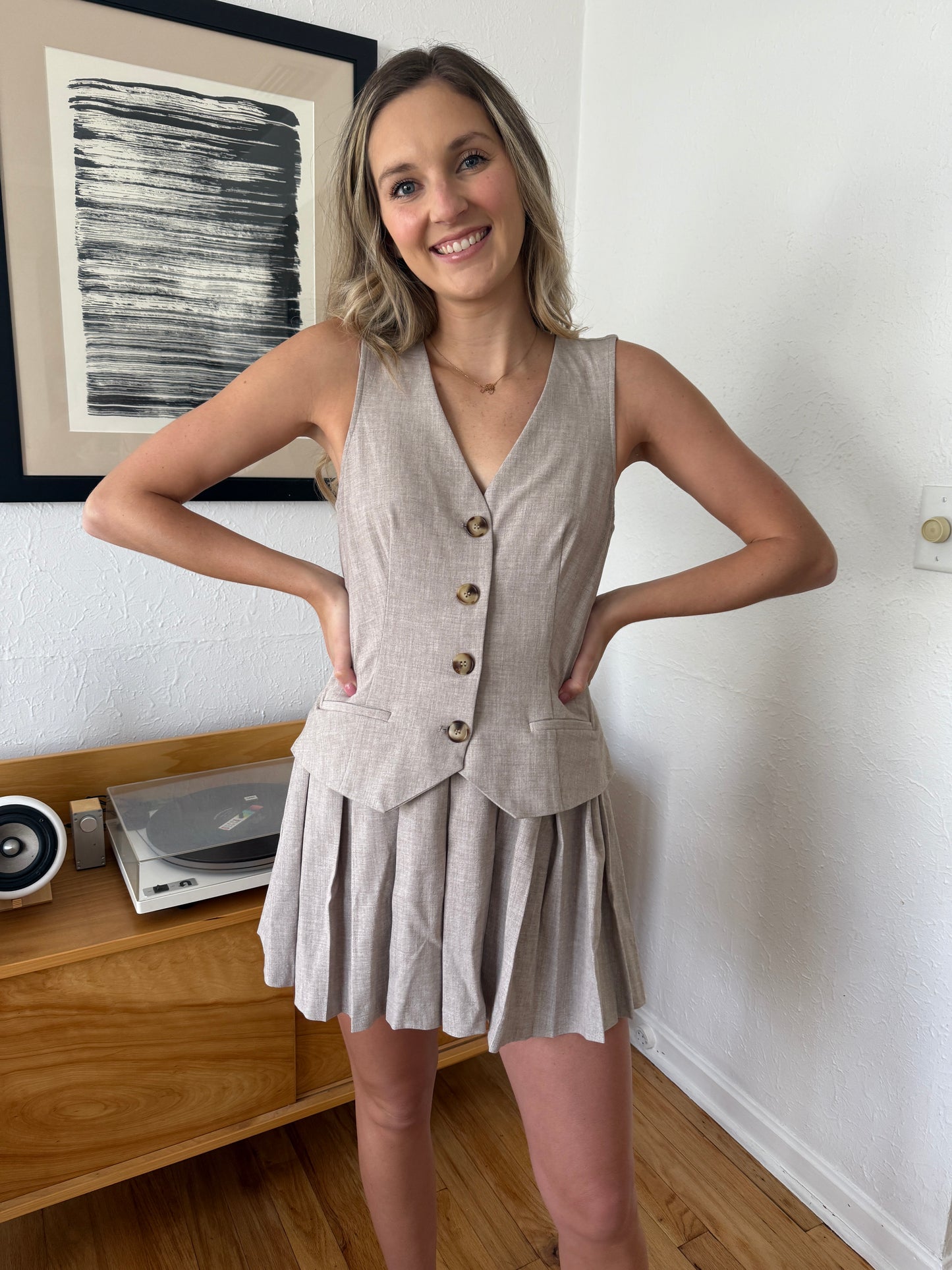 Sofie the Label Madison Taupe Pleated Drop Waist Mini Dress