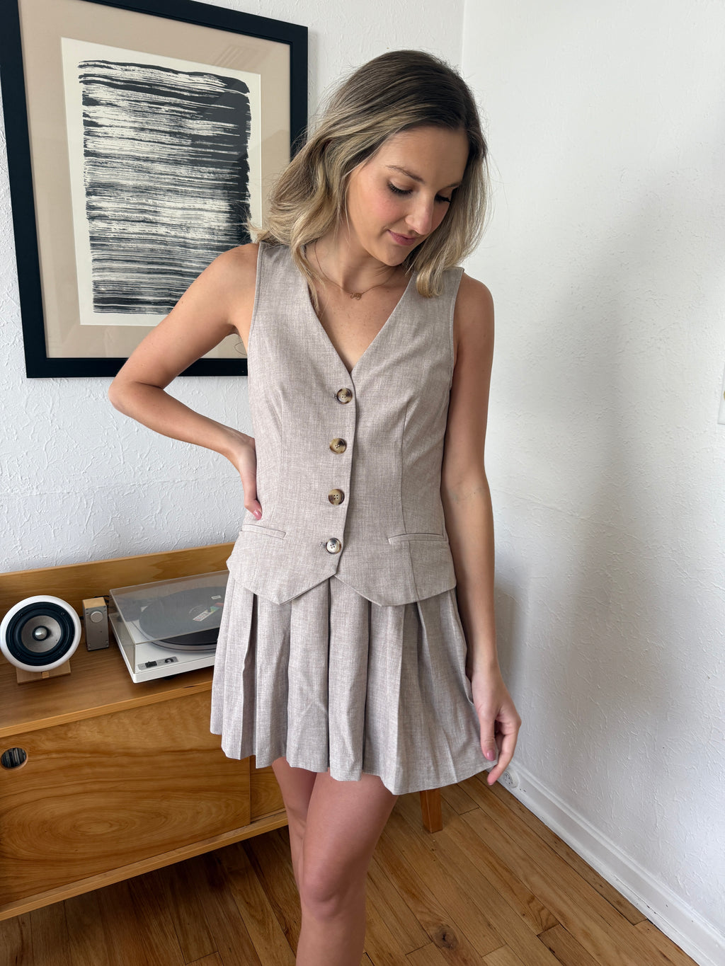 Sofie the Label Madison Taupe Pleated Drop Waist Mini Dress