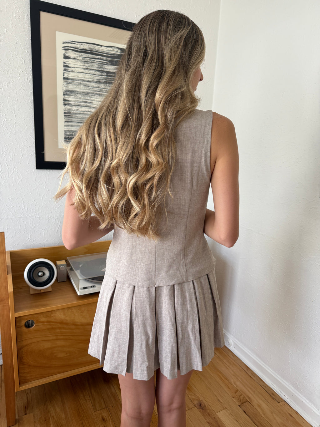 Sofie the Label Madison Taupe Pleated Drop Waist Mini Dress