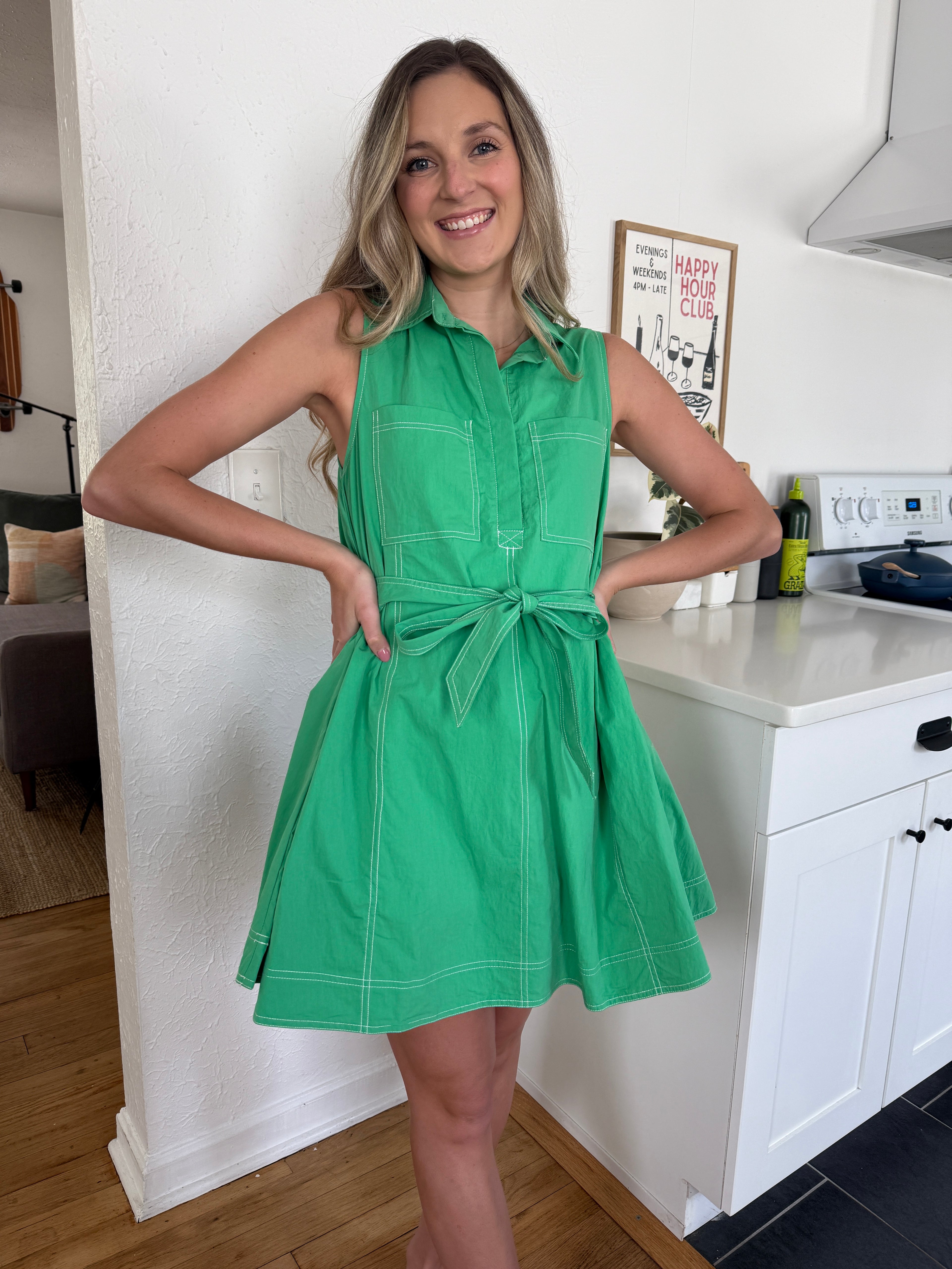 Maria Contrast Stitch Collared Swing Mini Dress (Green) Momni Boutique Maria Contrast Stitch Collared Swing Mini Dress (Green) Momni Boutique