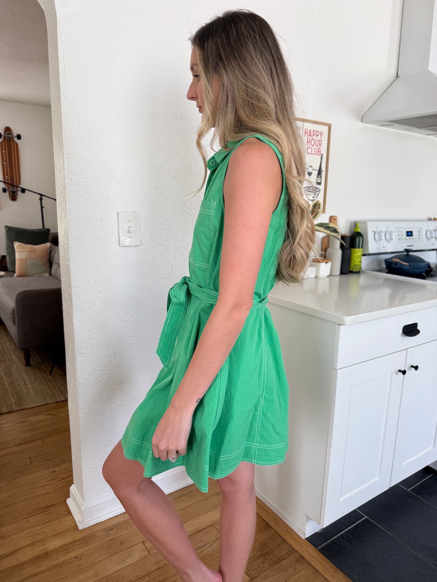 Maria Contrast Stitch Collared Swing Mini Dress (Green)