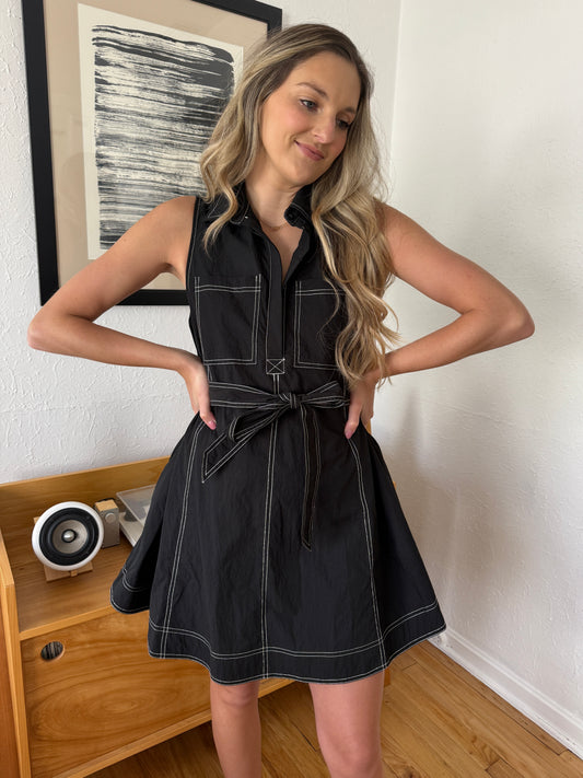 Maria Contrast Stitch Collared Swing Mini Dress (Black)