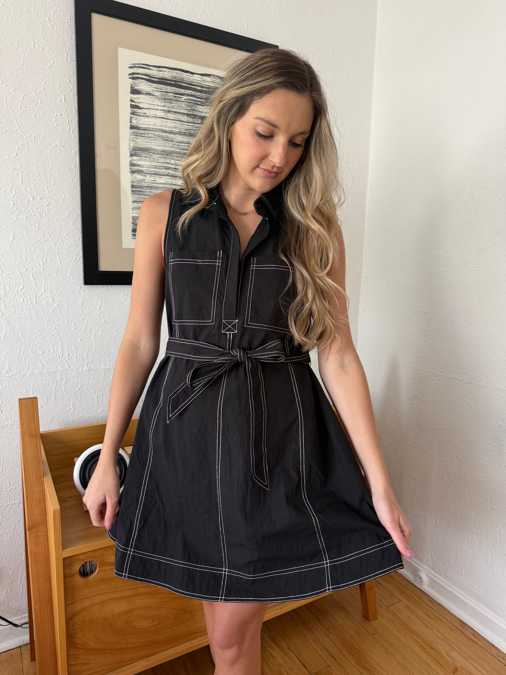 Maria Contrast Stitch Collared Swing Mini Dress (Black)