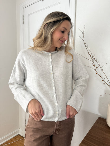 Things Between Piper Knit Rolled Hem Button Cardigan (Light Grey)