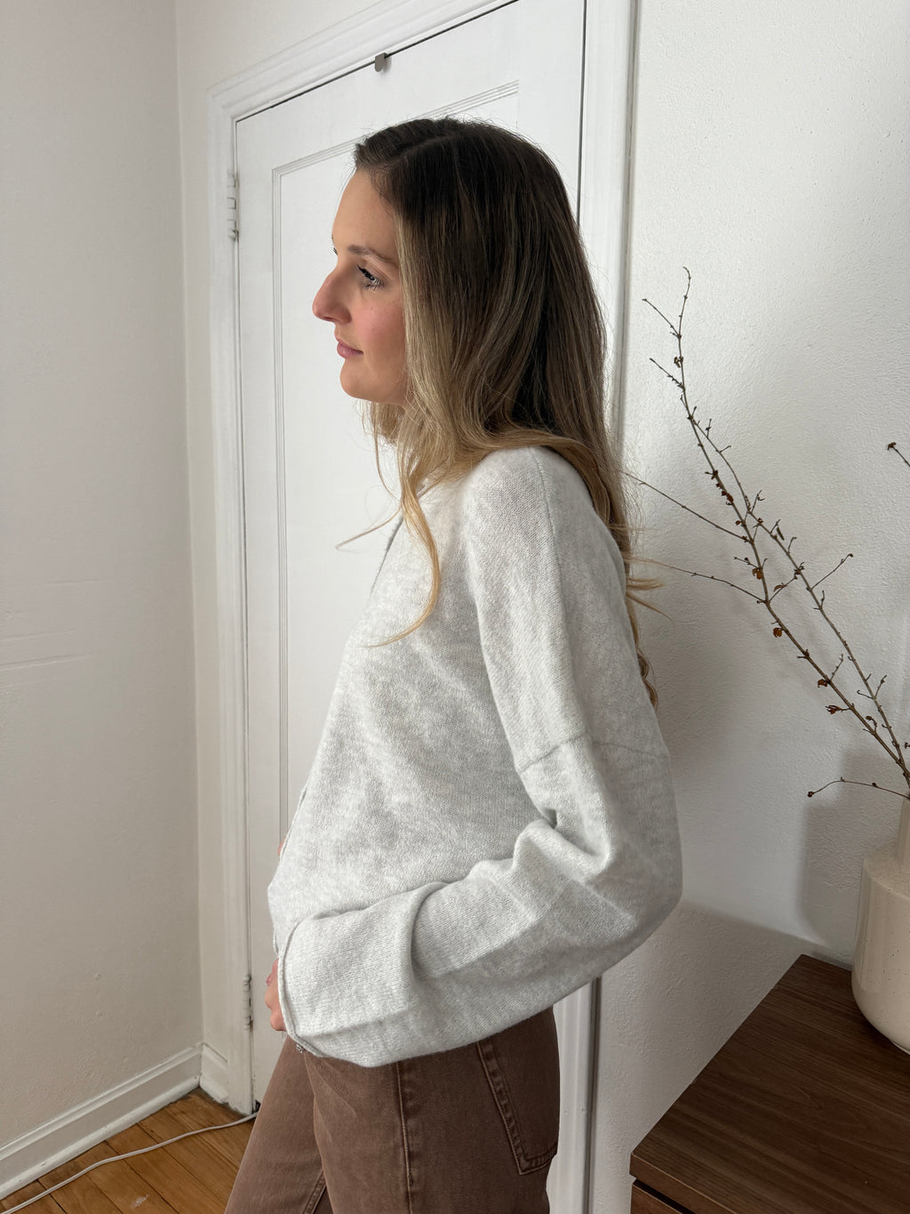 Things Between Piper Knit Rolled Hem Button Cardigan (Light Grey)