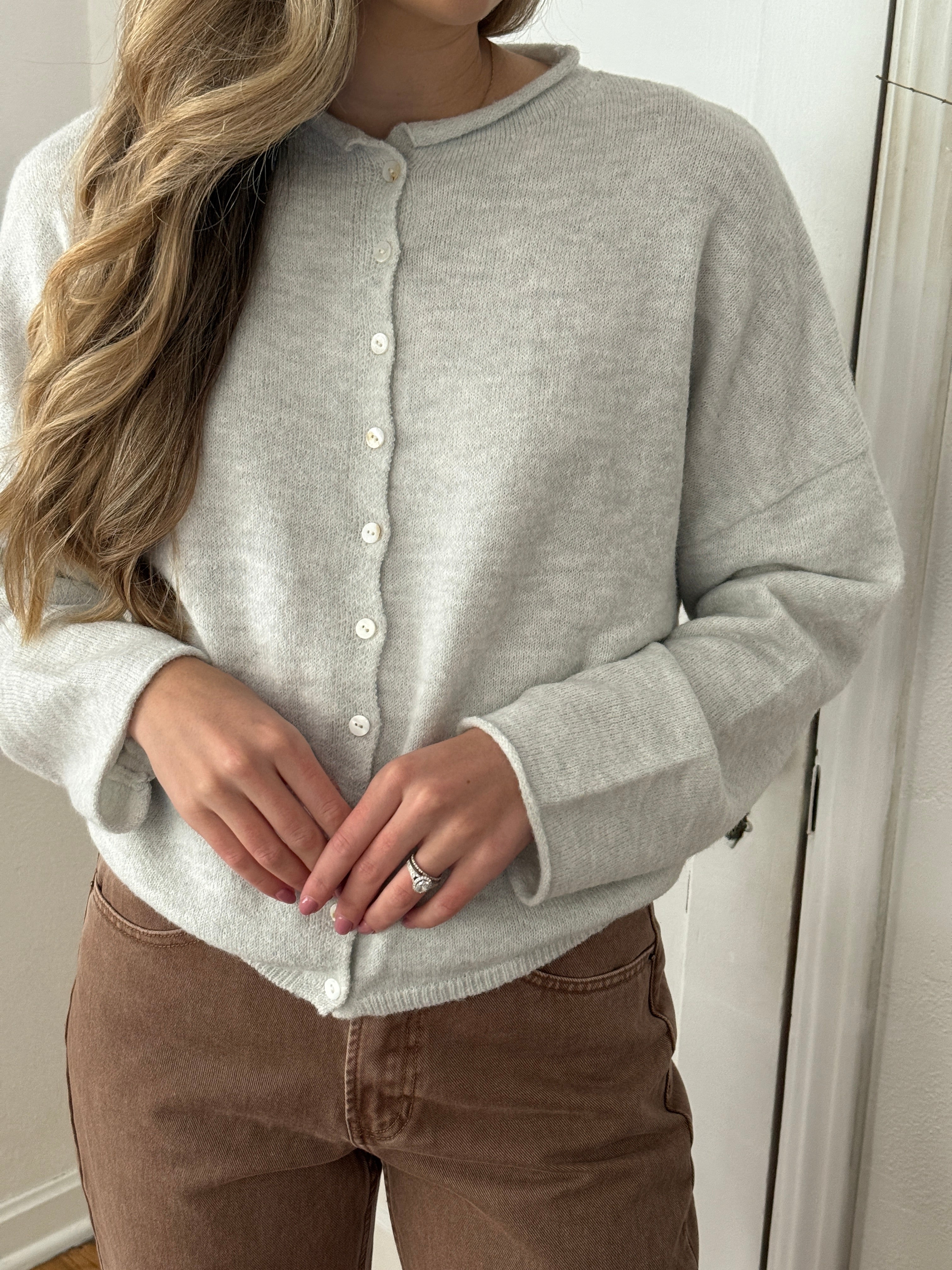 Things Between Piper Knit Rolled Hem Button Cardigan (Light Grey)