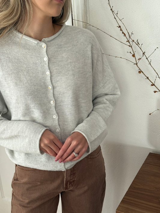 Things Between Piper Knit Rolled Hem Button Cardigan (Light Grey)