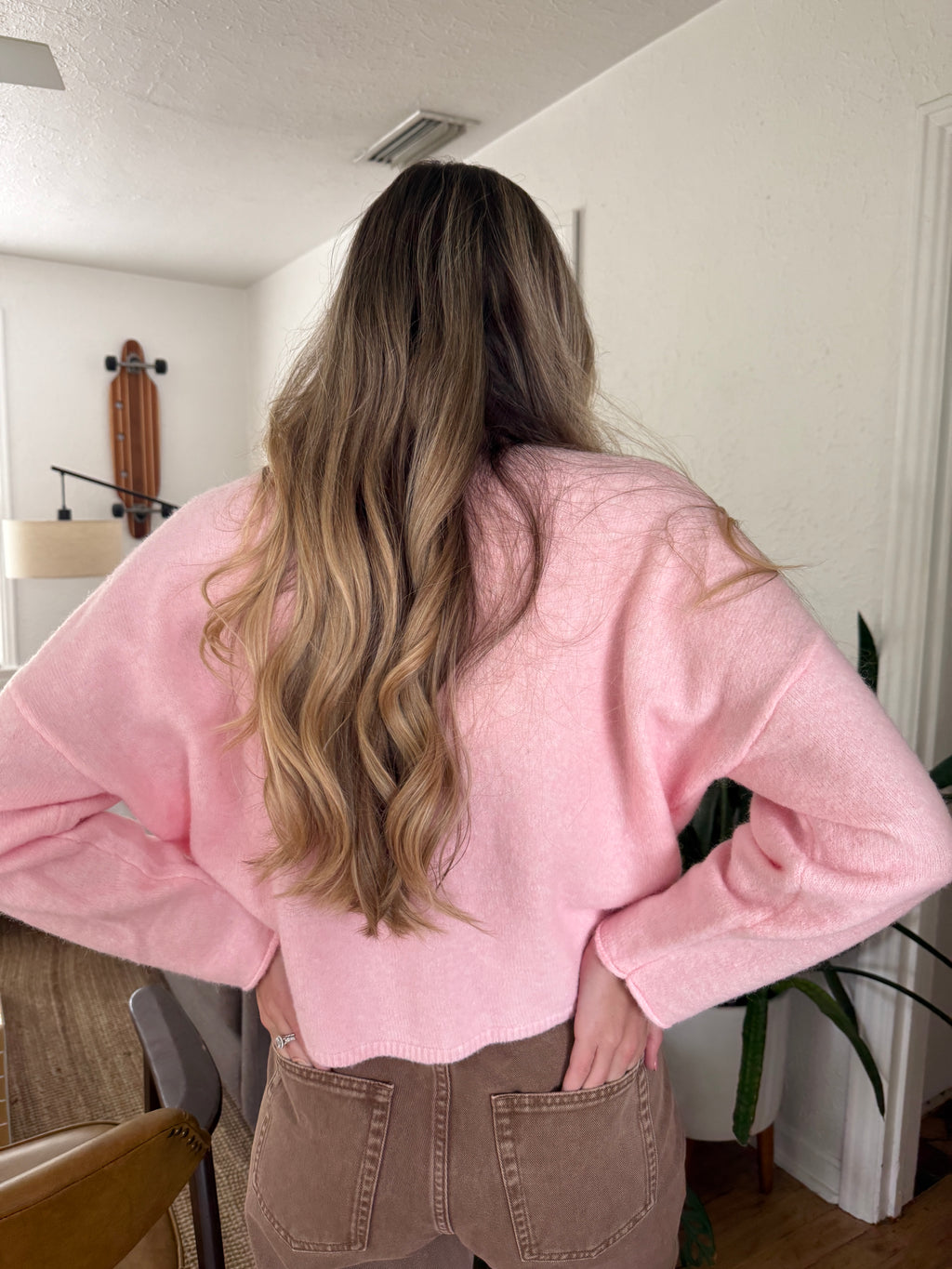 Things Between Piper Knit Rolled Hem Button Cardigan (Baby Pink)