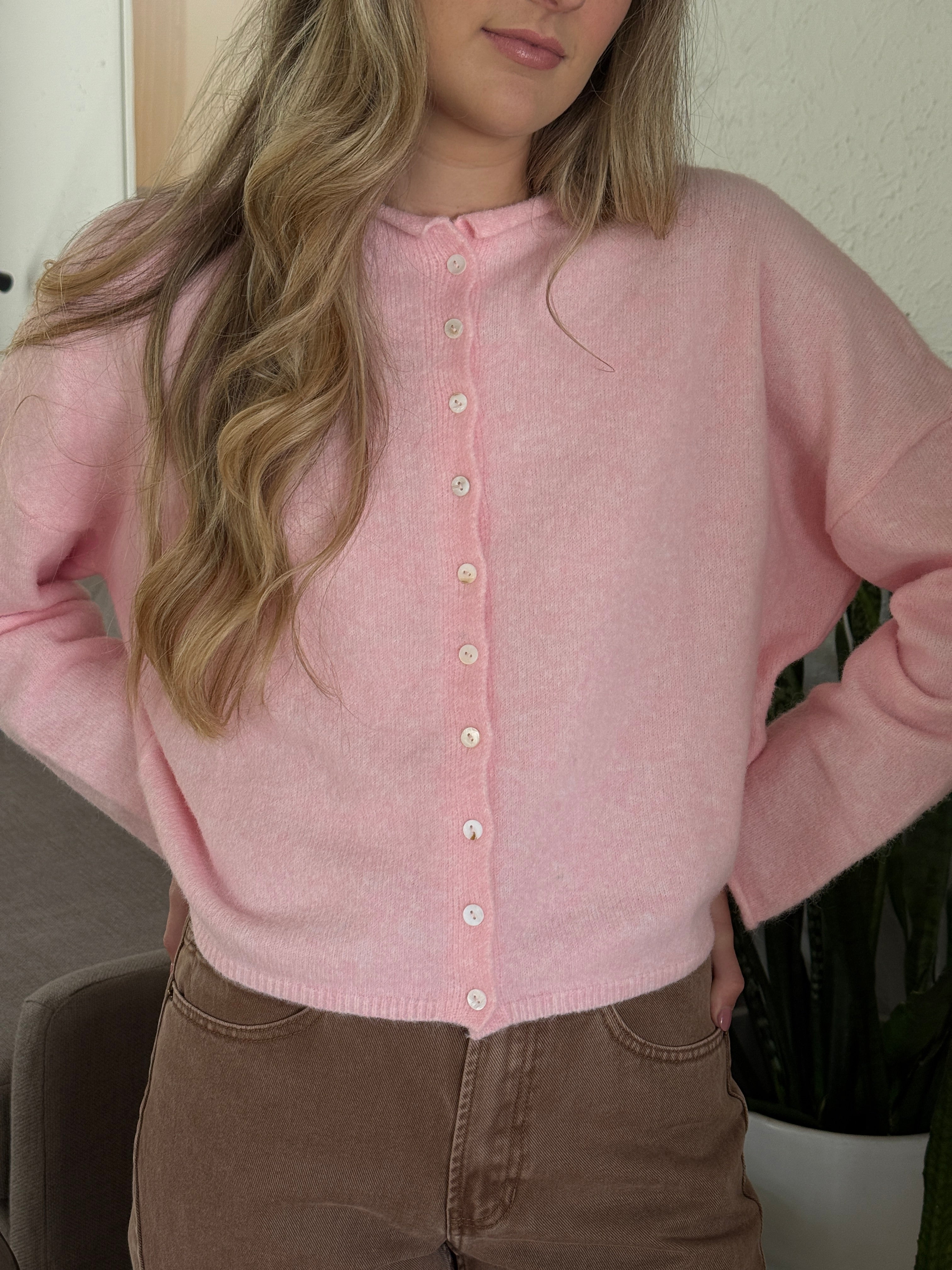 Things Between Piper Knit Rolled Hem Button Cardigan (Baby Pink)