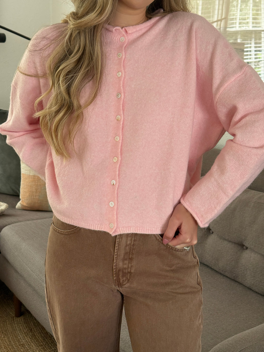 Things Between Piper Knit Rolled Hem Button Cardigan (Baby Pink)