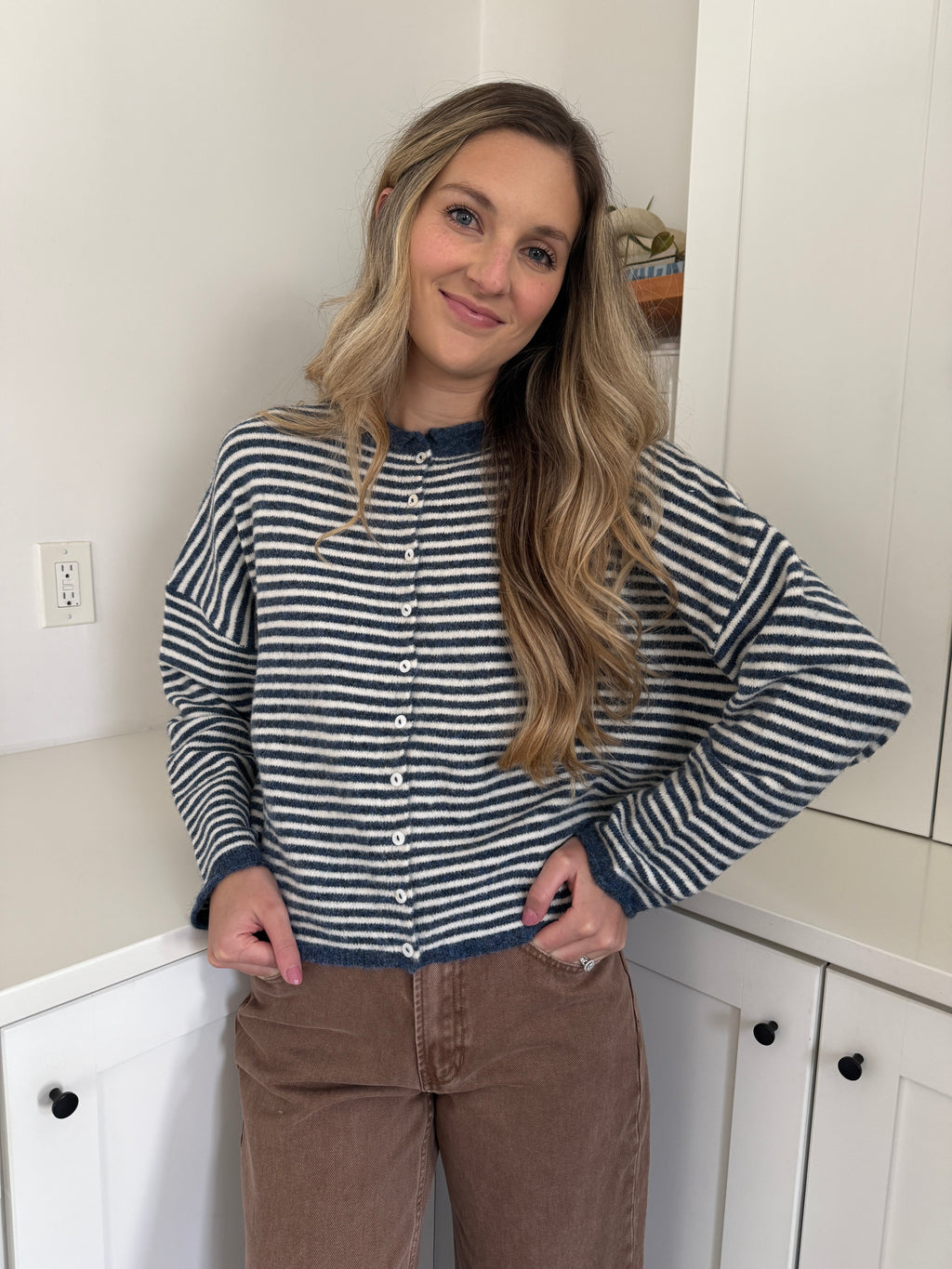 Things Between Piper Knit Rolled Hem Button Cardigan (Denim)