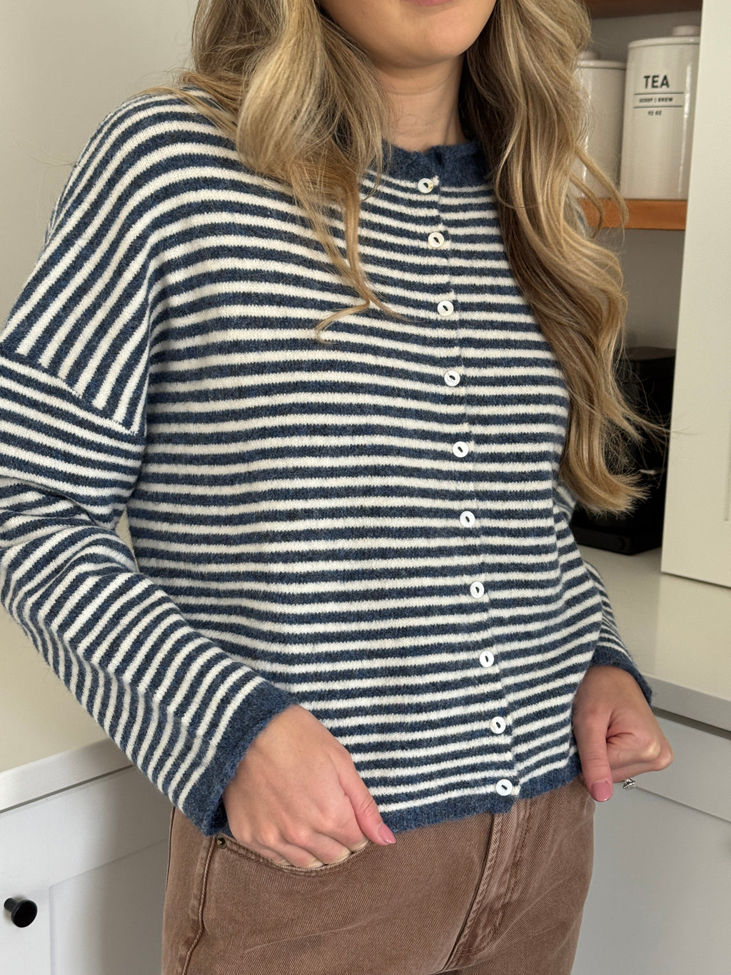 Things Between Piper Knit Rolled Hem Button Cardigan (Denim)