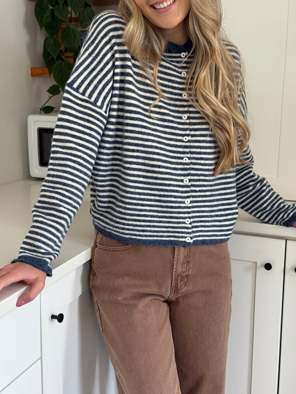 Things Between Piper Knit Rolled Hem Button Cardigan (Denim)