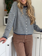 Things Between Piper Knit Rolled Hem Button Cardigan (Denim)