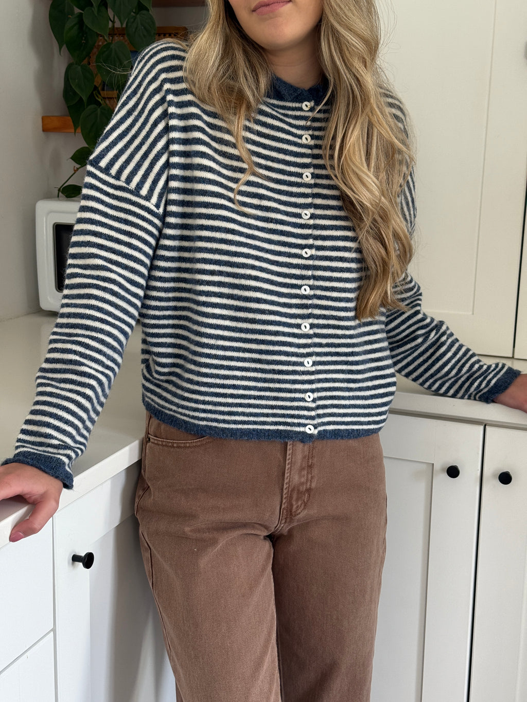 Things Between Piper Knit Rolled Hem Button Cardigan (Denim)