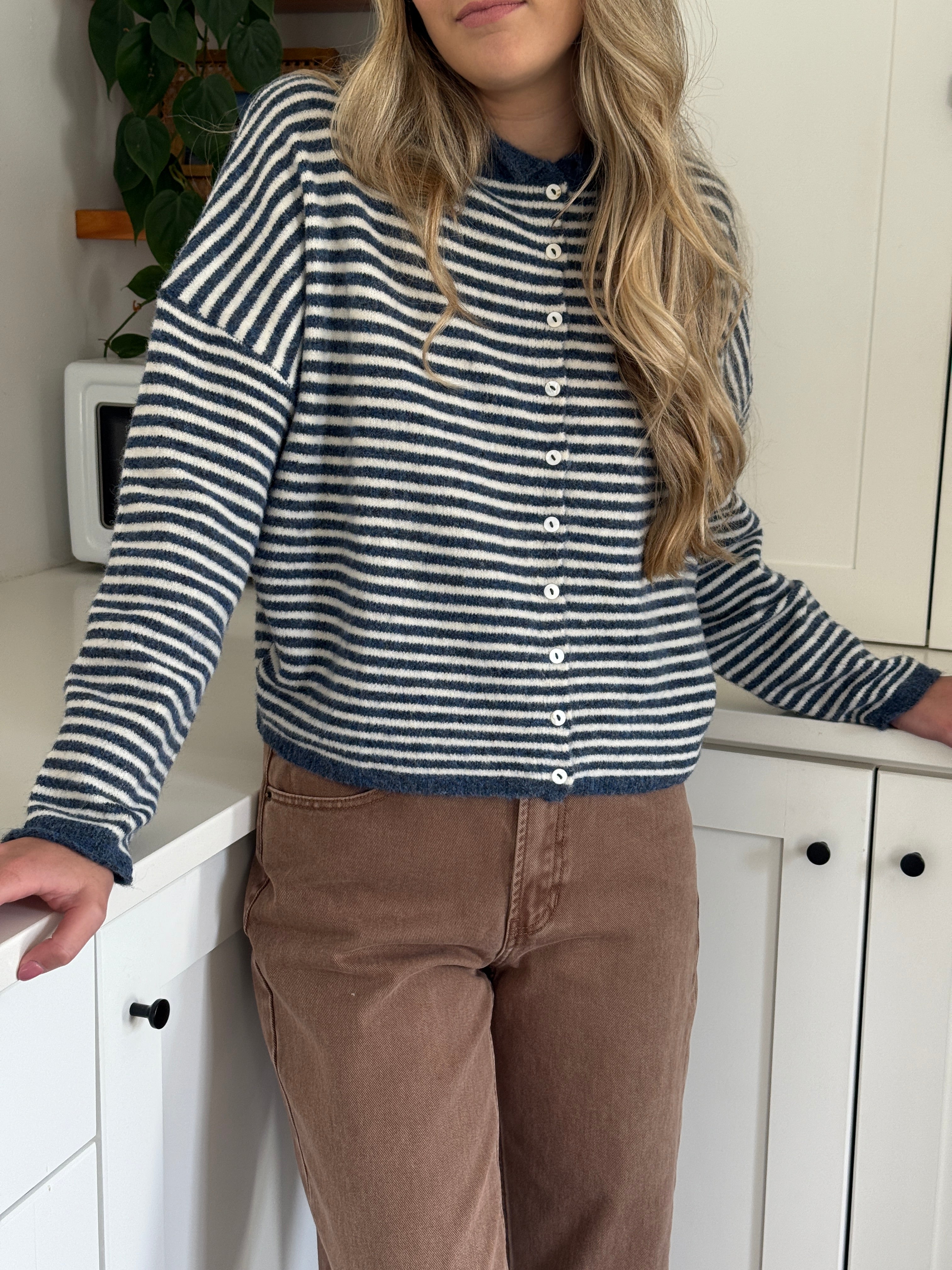 Things Between Piper Knit Rolled Hem Button Cardigan (Denim)