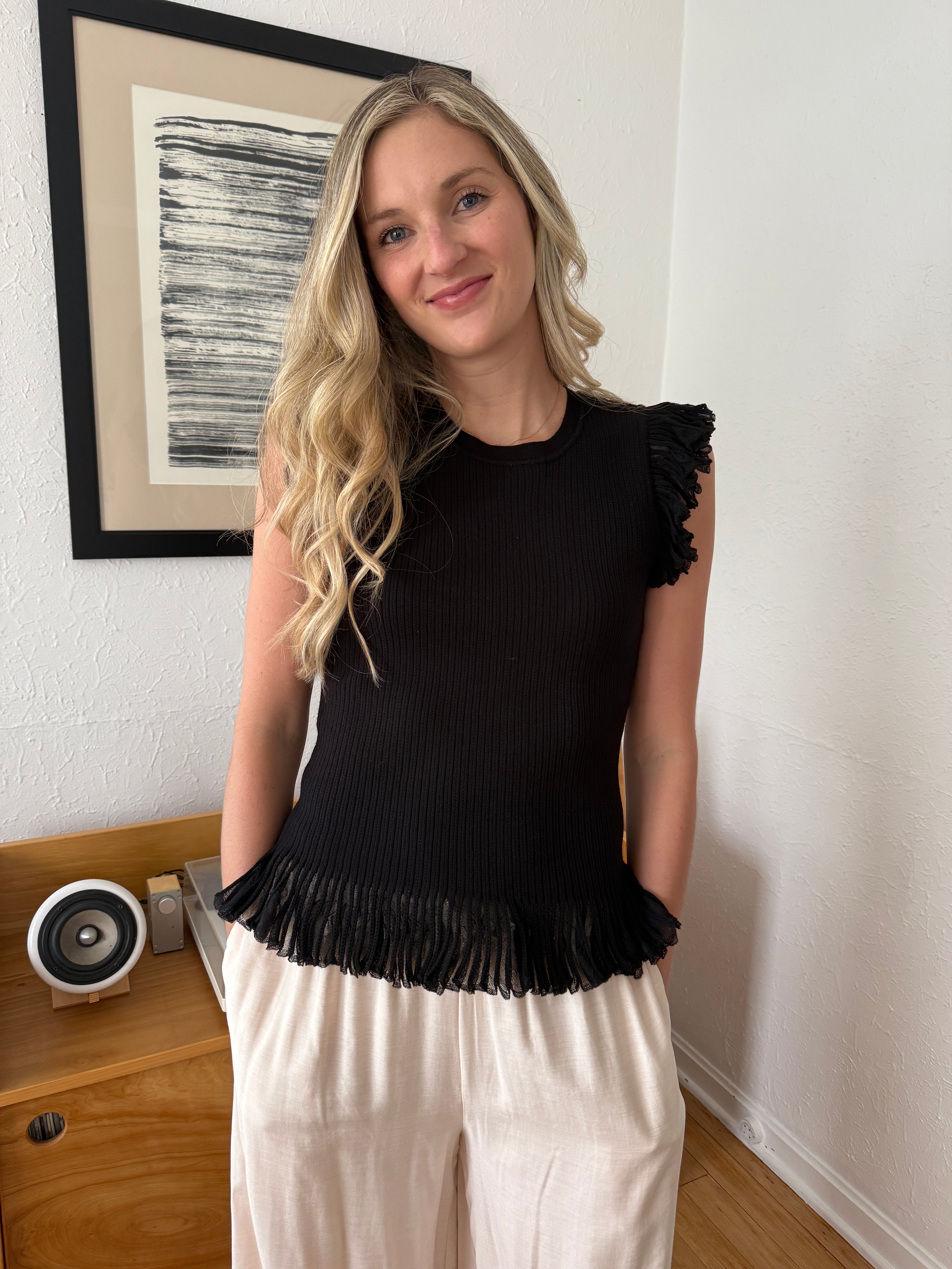 Current Air Melissa Mesh Fringe Knit Tank Top (Black)