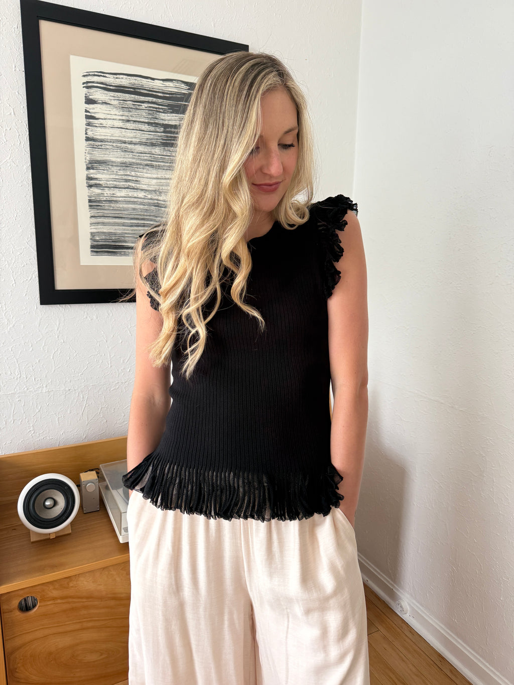 Current Air Melissa Mesh Fringe Knit Tank Top (Black)