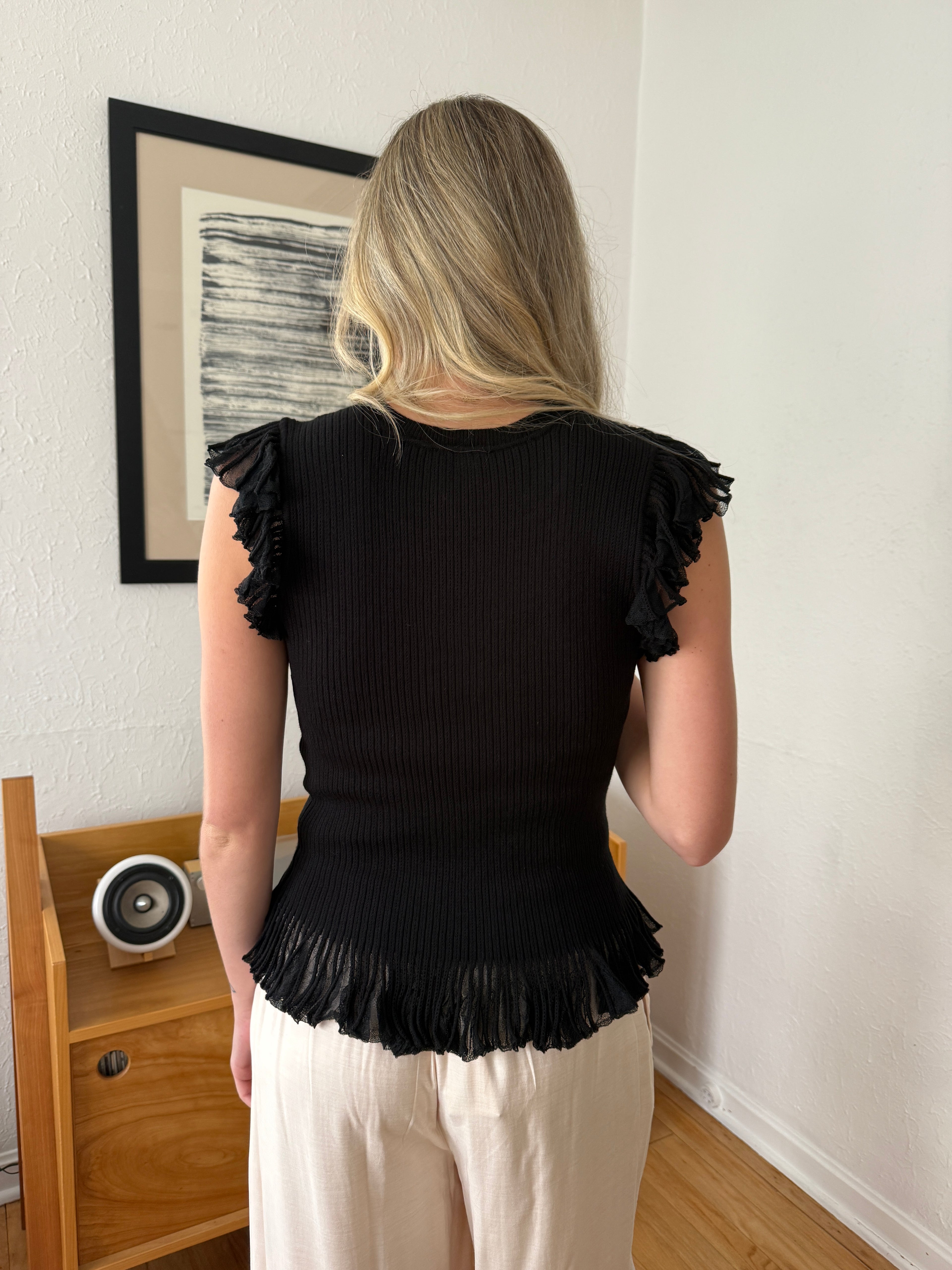 Current Air Melissa Mesh Fringe Knit Tank Top (Black)