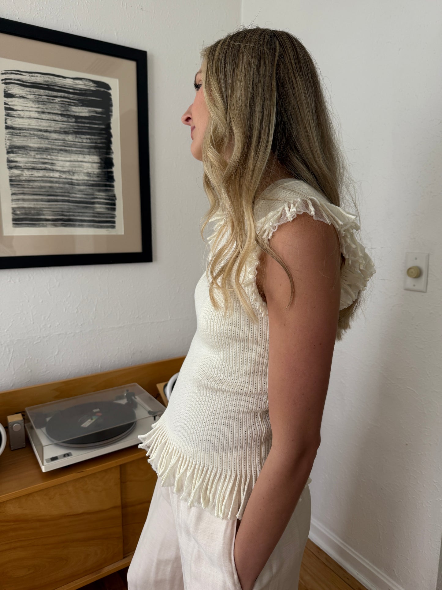 Current Air Melissa Mesh Fringe Knit Tank Top (Cream)