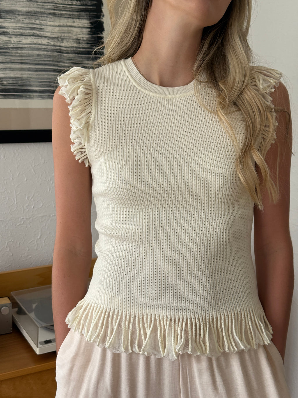 Current Air Melissa Mesh Fringe Knit Tank Top (Cream)